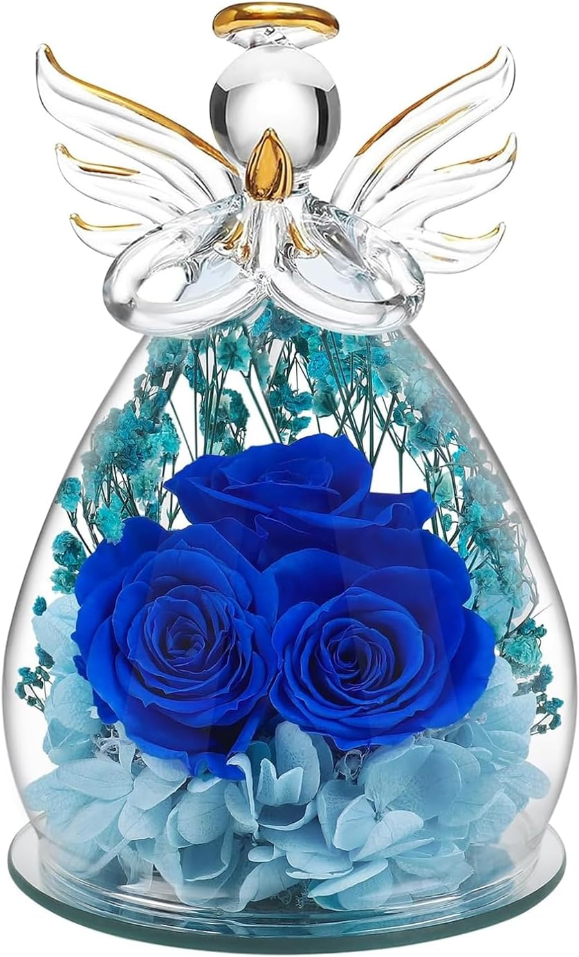 Shgarden Angel Rose Figurines Gifts for Women, Preserved Flowers Rose Gifts in Glass Angel Figurine, Mom Wife Daughter, Forever Real Rose Gifts for Women SH0086 (Blue)