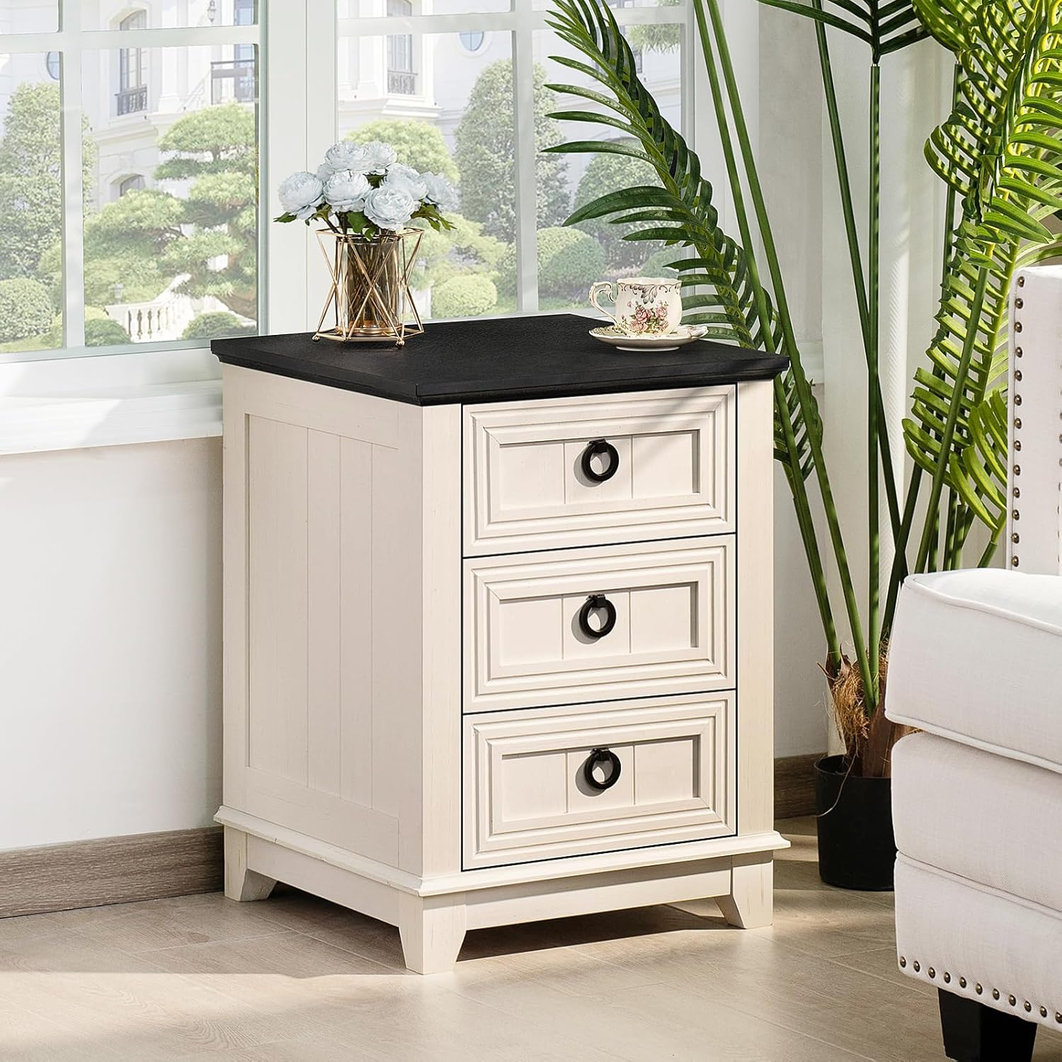 LELELINKY 18" Farmhouse Night Stand with 3 Drawers, Wood End Table Dresser for Bedroom, White Nightstand, Bed Side Table with Metal Handle, Bedside Cabinet for Bedroom Living Room, Closet, Office image number 3