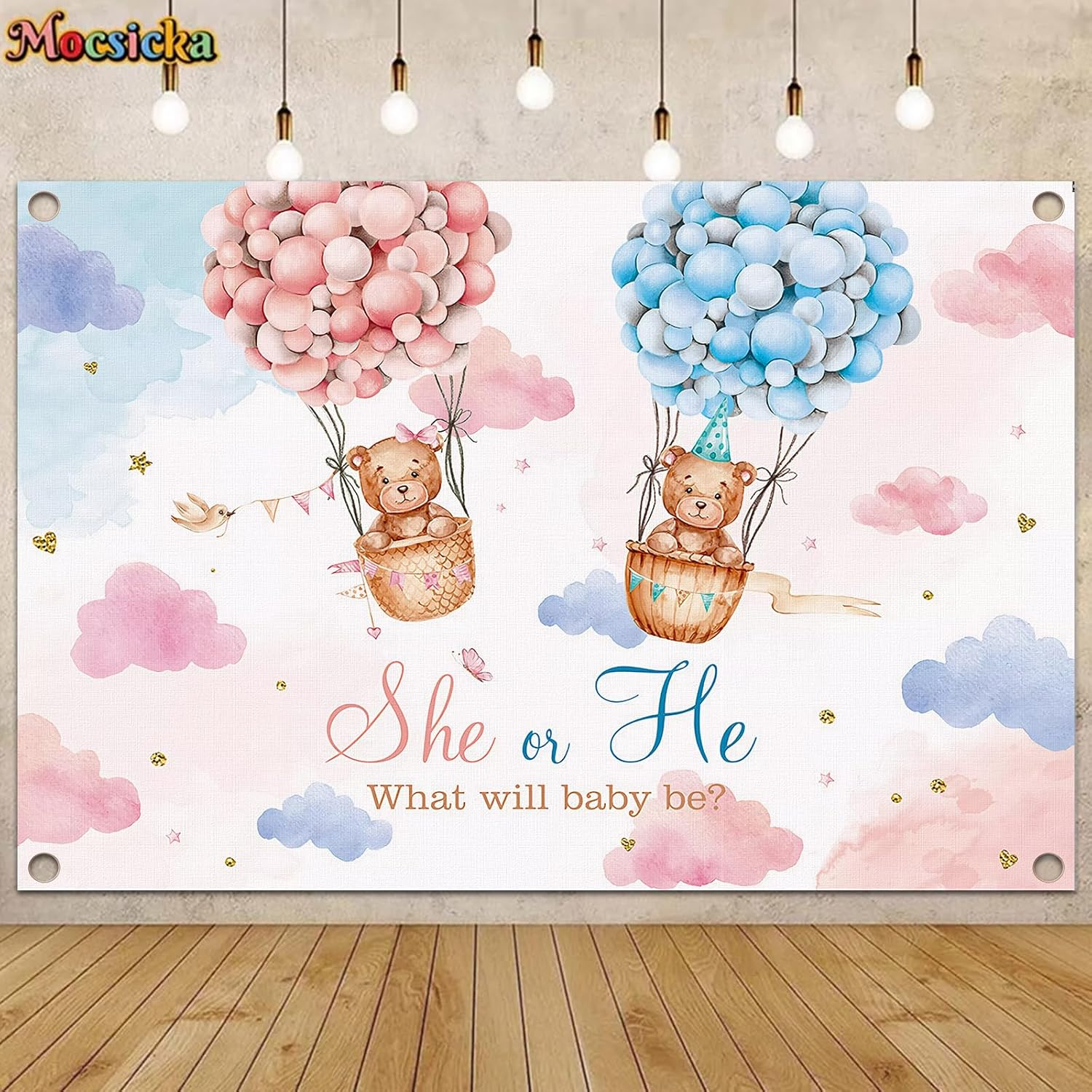 Pink and Blue Gender Reveal Backdrop She or He Background Banner Gender Reveal Party Decoration Lovely Balloon Cloud Bear Pregnancy Announcement Backdrop for Baby Shower Decoration 180 * 120Cm (A) image number 4
