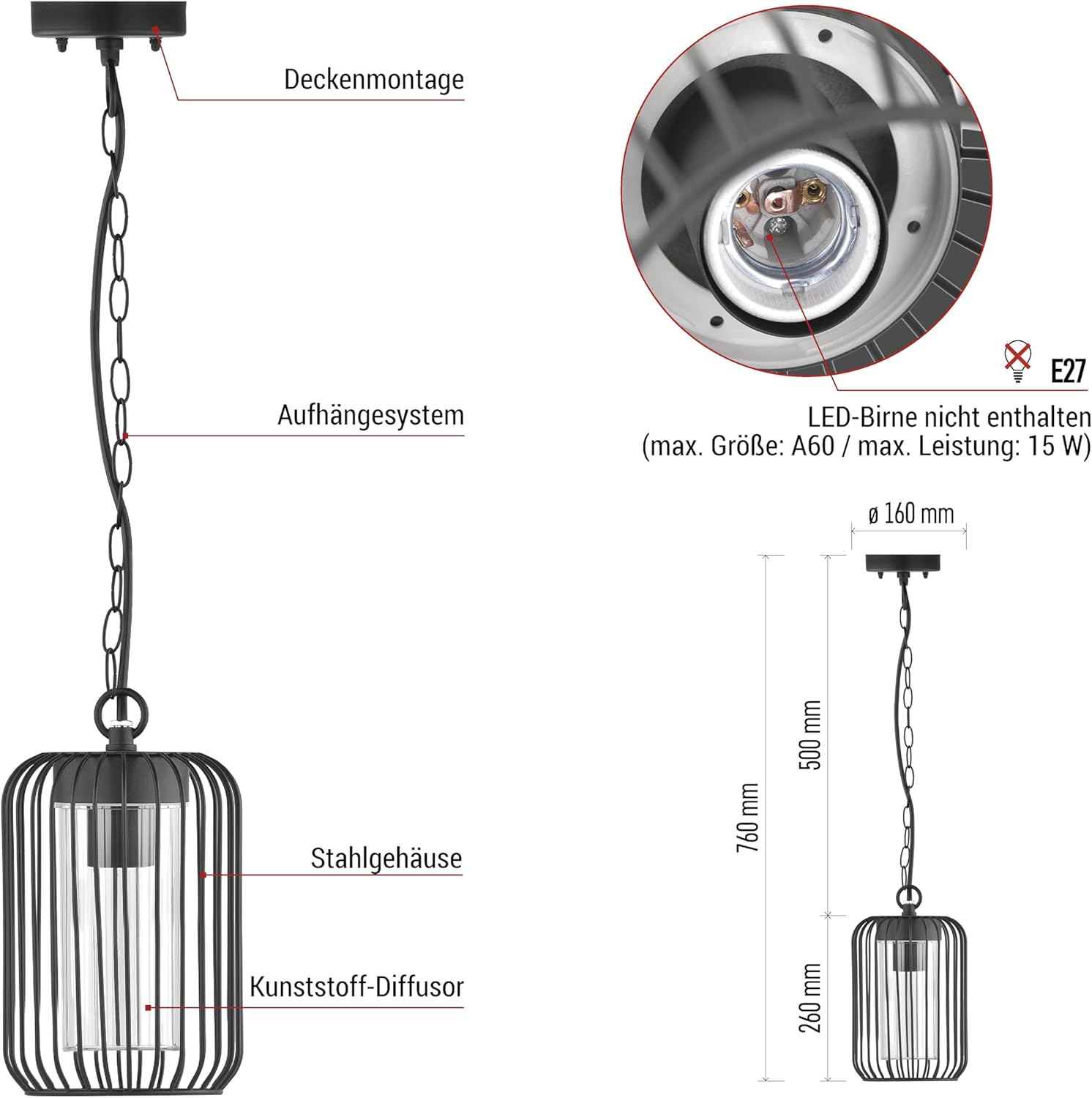 EMOS - Salvia Outdoor Pendant Light for Home and Garden with E27 Socket - Waterproof Pendant Light for E27 Bulb Max. 15 W - Steel Body for Ceiling Mounting image number 2