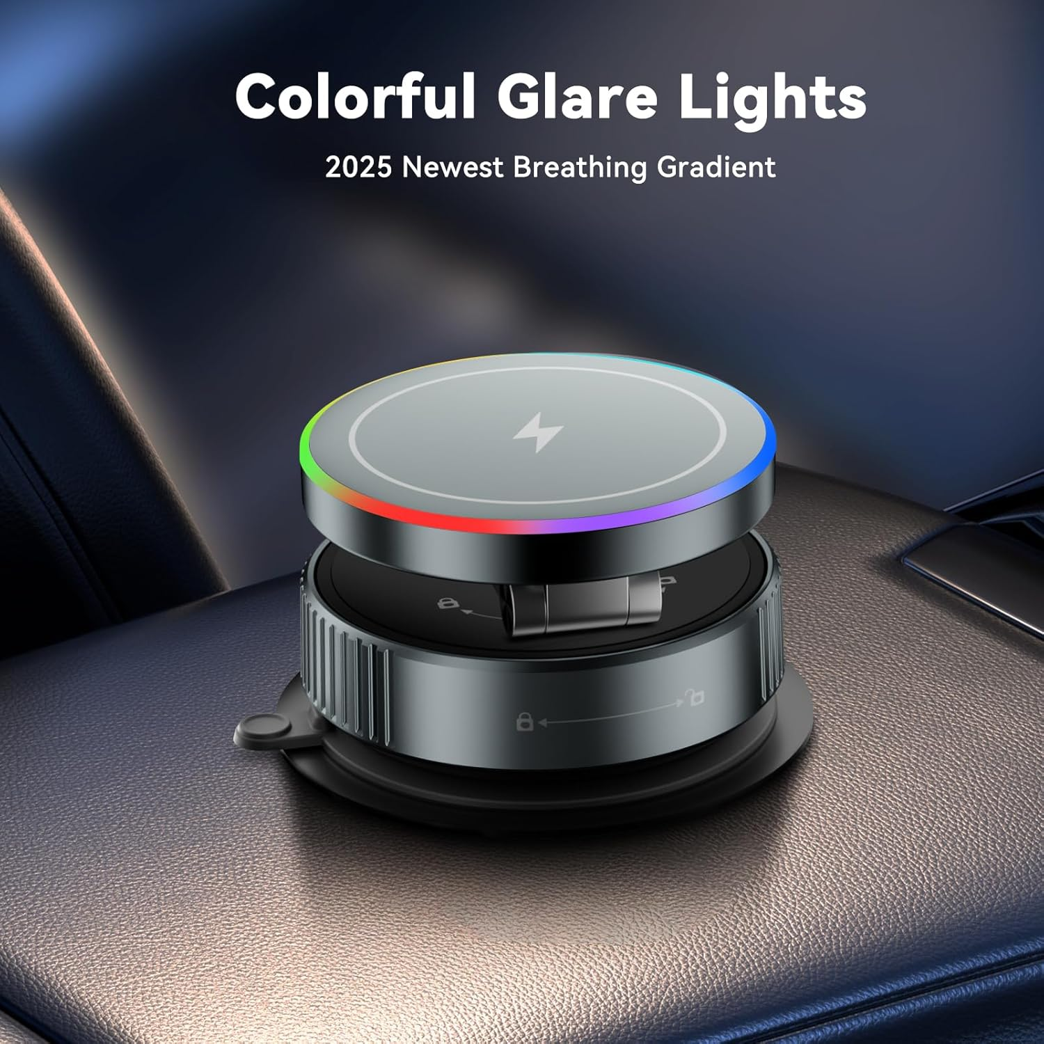 Cloudvalley for Car Mount Charger, 15W Wireless Rapid Charging & 360&deg; Rotating Vacuum Suction Cup, Magnetic Phone Holder with RGB Light, Compatible with Magsafe, Iphone 16/15/14/Dash/Windshield/Screen image number 5