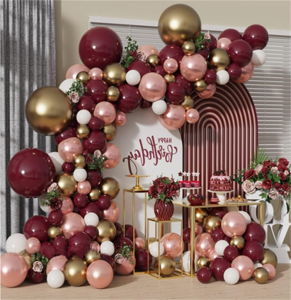 Burgundy Balloon Garland Arch Kit 135Pcs - Wine Red Rose Gold White Metal Gold Balloons with Strip Tape for Baby Shower Wedding Birthday Party Decorations (Burgundy) - Burgundy image number 3