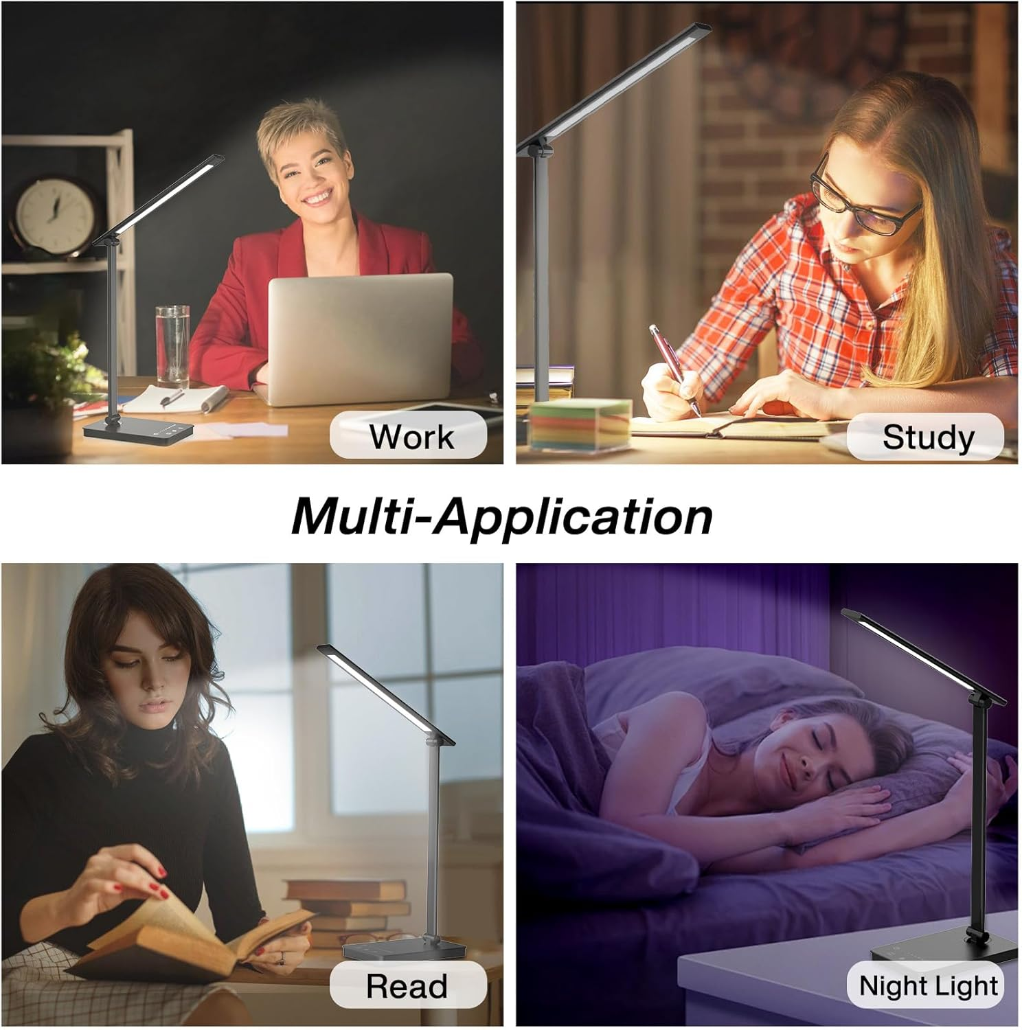 Aluminium Desk Lamp with LED Lighting, LED Desk Lamp with USB Charger Port, Built-In Timer,Foldable Table Lamp USB Plug, Eye Caring Reading Light for Office, Home, Dormitory Black image number 2