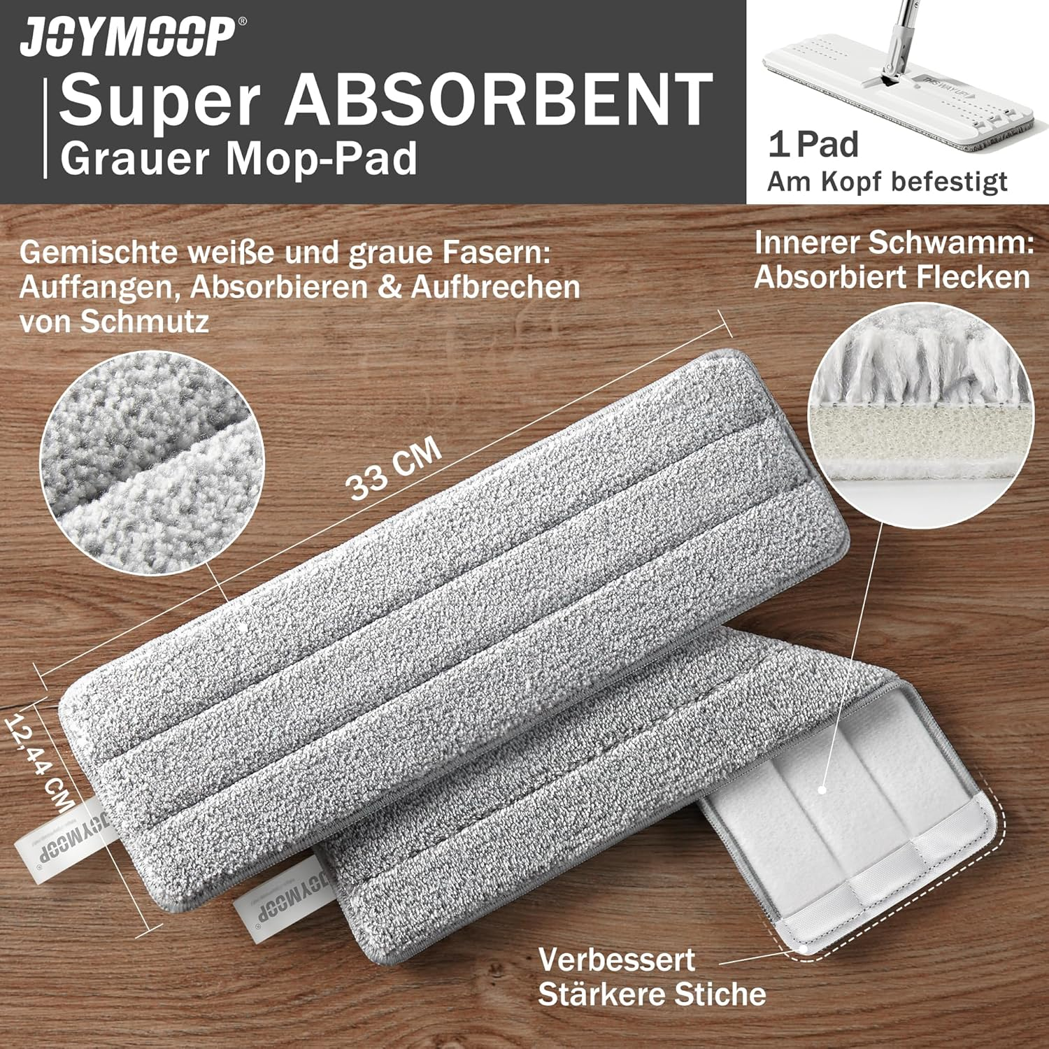 JOYMOOP Flat Mops, Microfiber Mop for Floor Cleaning and Wall Cleaner, 50" Mop Handle with Flexible 13" Flat Head with a Microfiber Mop Pad - White image number 1