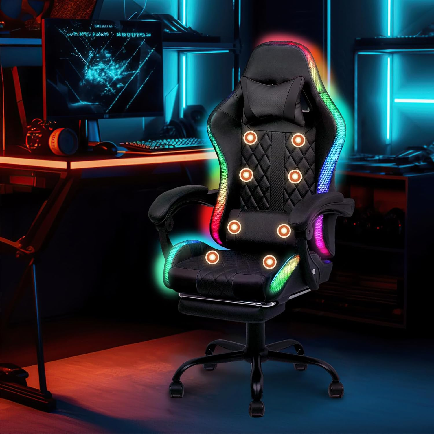Ufurniture Gaming Office Chair RGB LED Lights,High Back Massagers Racing Recliner with Footrest,Ergonomic Executive Computer Chair with Lumbar Support,360&deg;Swivel,10Cm Height Adjustment Black & White