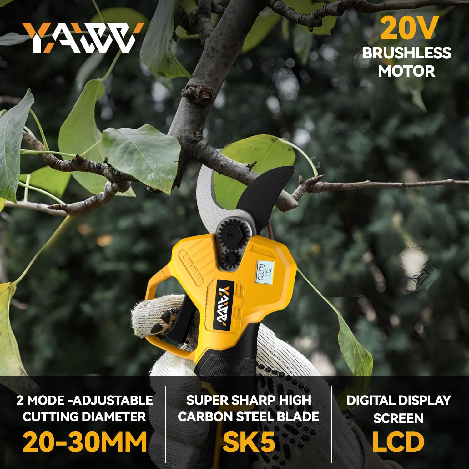 Brushless Electric Pruning Shears for Dewalt 20V Battery, Portable Cordless Pruning Shears with LCD Display＆Sk5 Blades, Adjustable Cutting Diameter 0.8-1.2 Inch for Gardening Tree Pruning(No Battery) image number 4