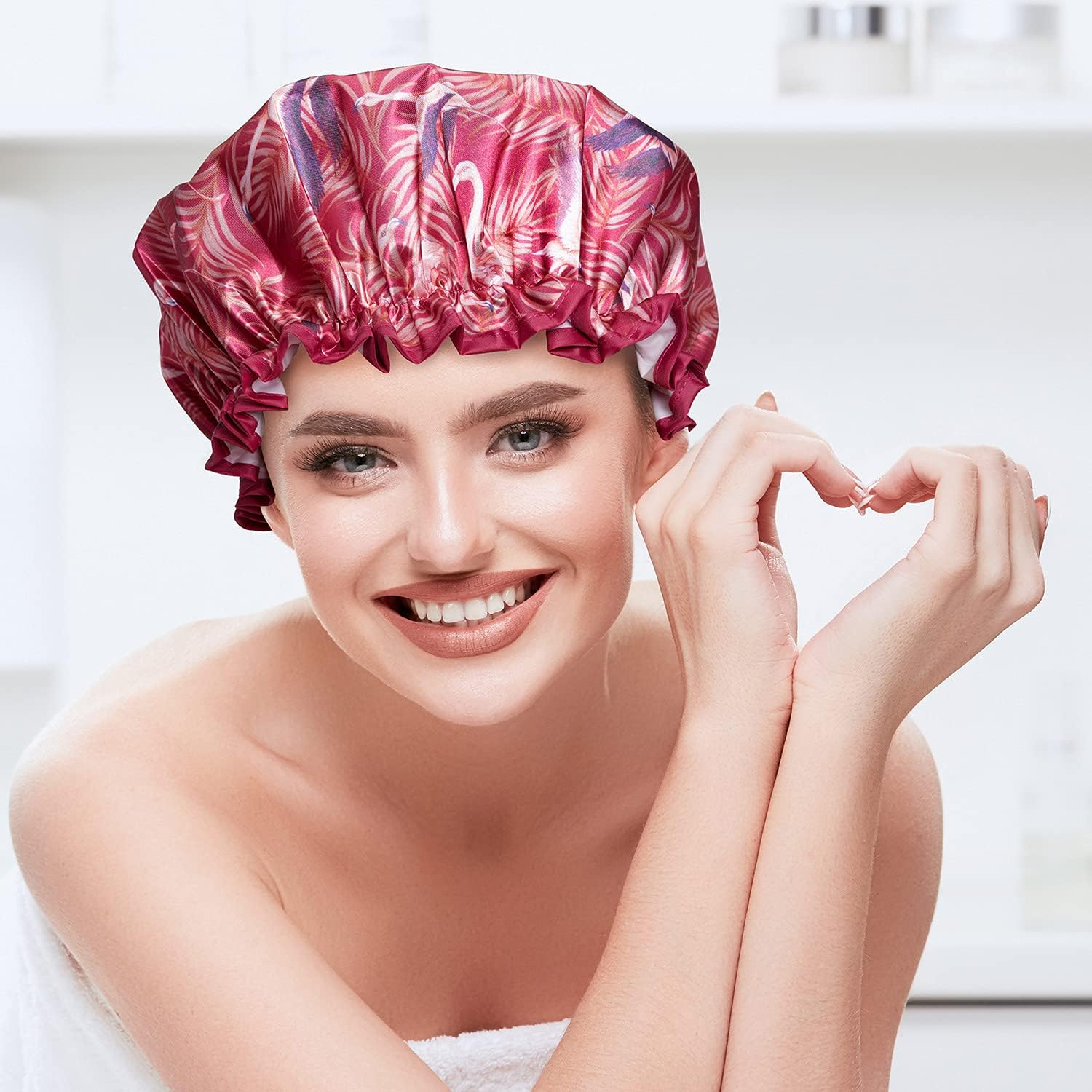 Bodylife Shower Cap Reusable Bath Cap Dual Layered Waterproof Flamingo Sunset 27Cm image number 3