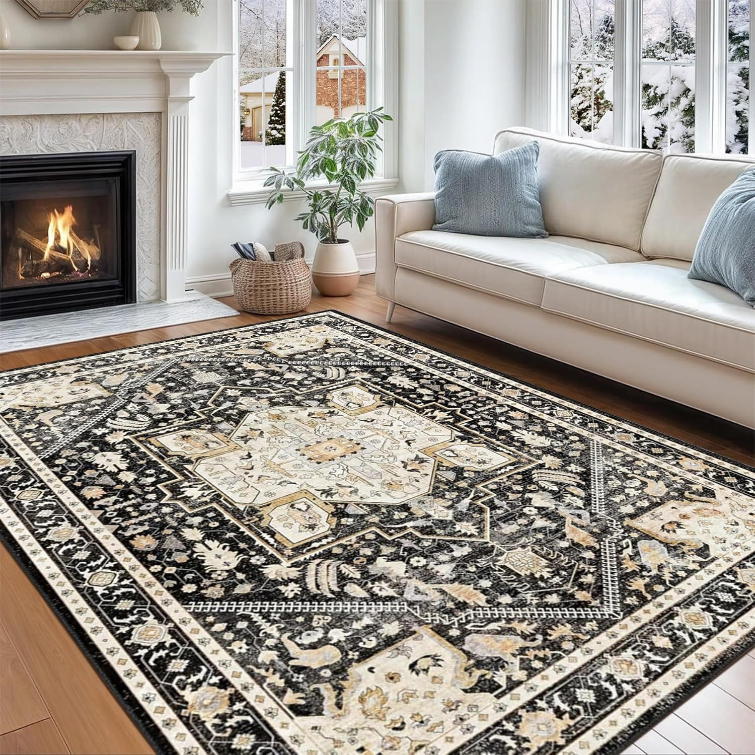 Washable Area Rugs, Soft Low Pile Faux Wool Vintage Carpet Non-Slip Boho Chic Floral Foldable Modern Abstract Large Rug for Living Room Bedroom Kitchen Office Floor Mat (Color 1, 120X180Cm)