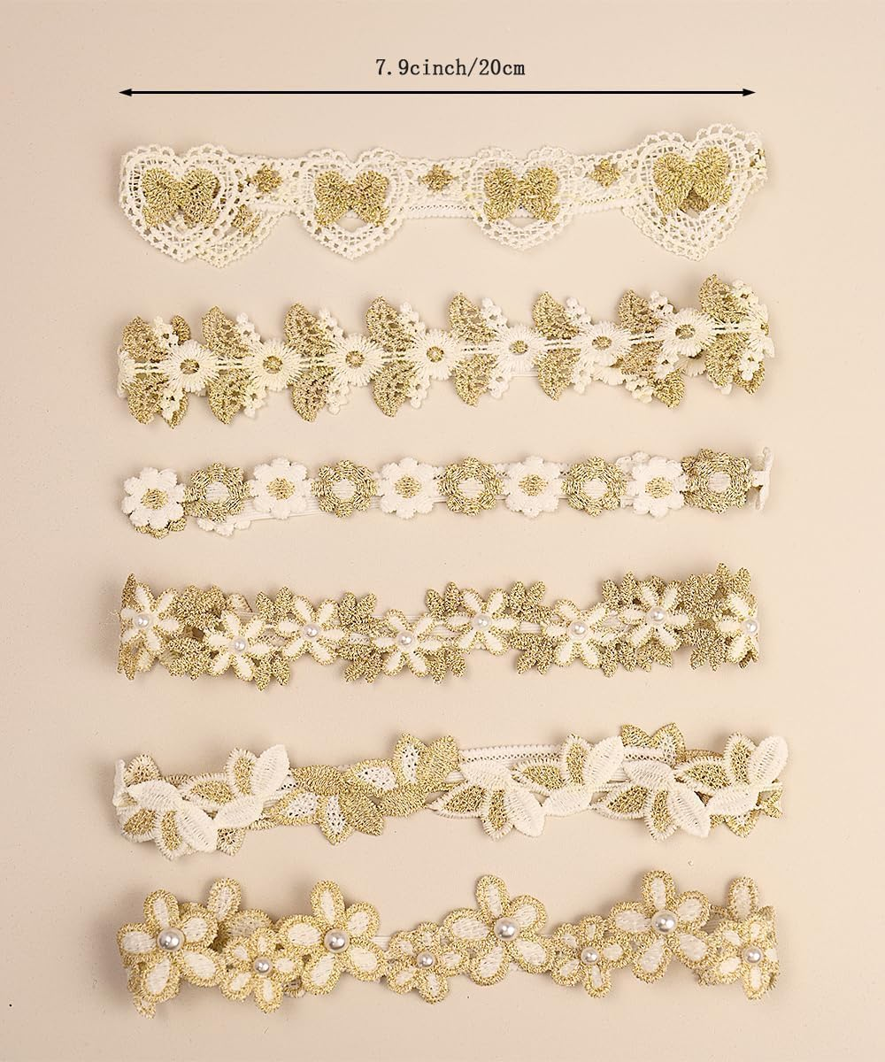 Baby Girl Gold Flower Lace Headband Toddler Elastic Floral Hair Band Newborn Infant Soft Lace Baptism Christening Hair Accessories for Birthday Party image number 2