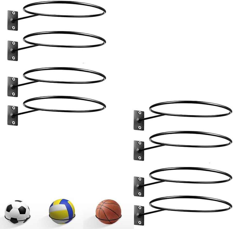 Armastuse 8 Pcs Metal Ball Holder Wall Mount, Metal Ball Holder Black Ball Rack Holder for Soccer Basketball Volleyball Rugby Football(Black)