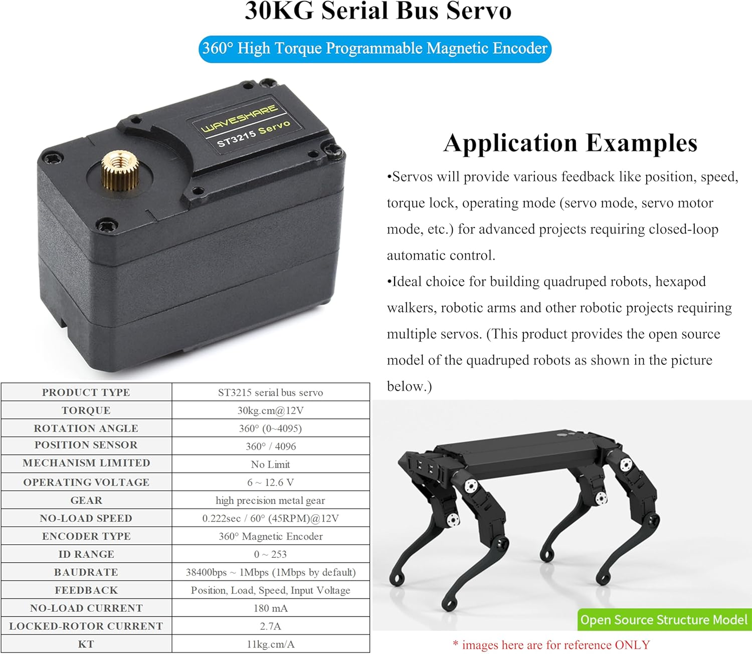 30Kg.Cm@12V Serial Bus Servo High Precision and Torque, with Programmable 360 Degrees Magnetic Encoder, 6~12.6 V, for Quadruped Robots, Hexapod Walkers, Robotic Arms and Other Robotic Projects