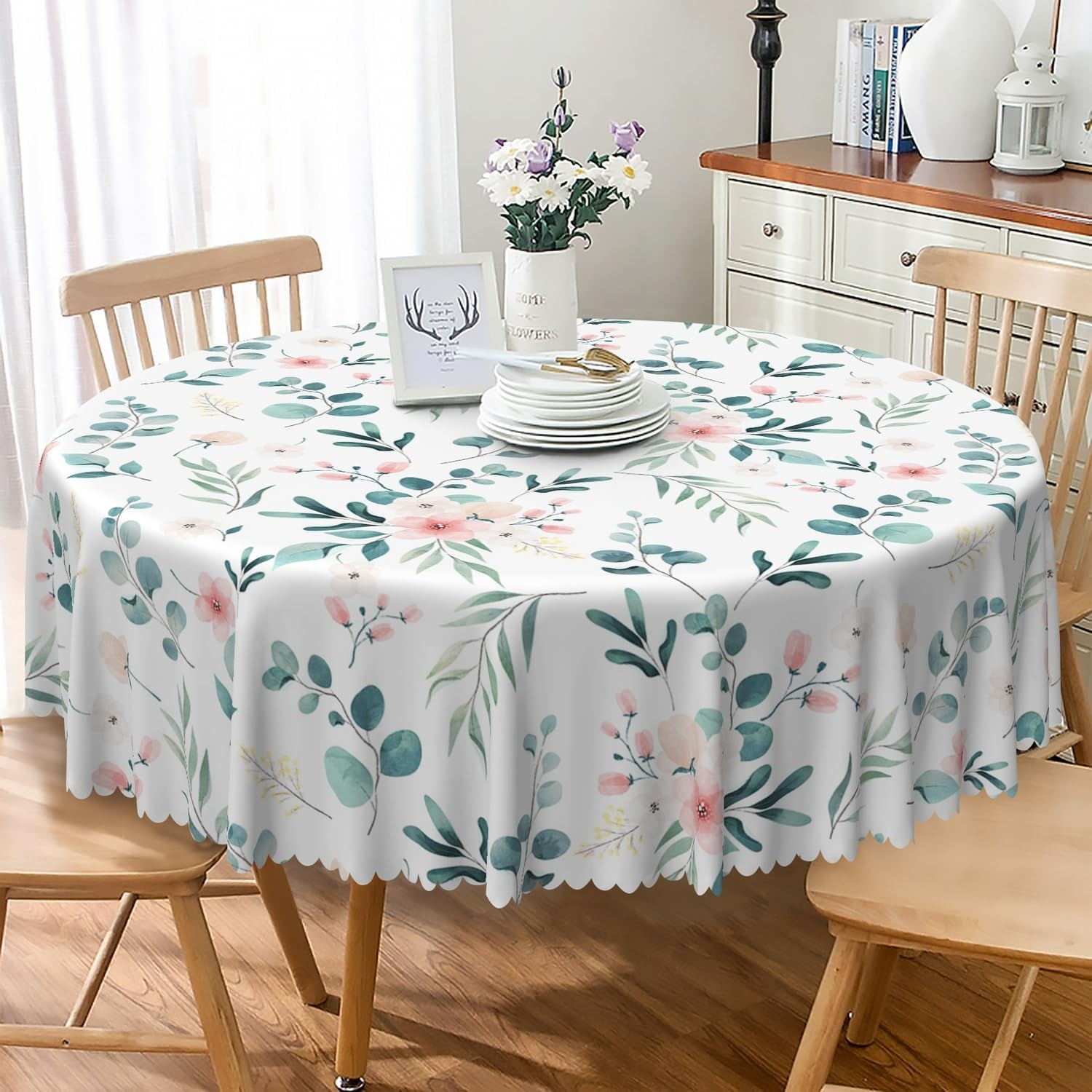Spring Summer round Tablecloth 60 Inch Green Leaf Pink Floral Circular Table Cloth Washable Wrinkle Resistant Fabric Table Cover for Kitchen Dining Room Picnic Patio Indoor Outdoor Decor