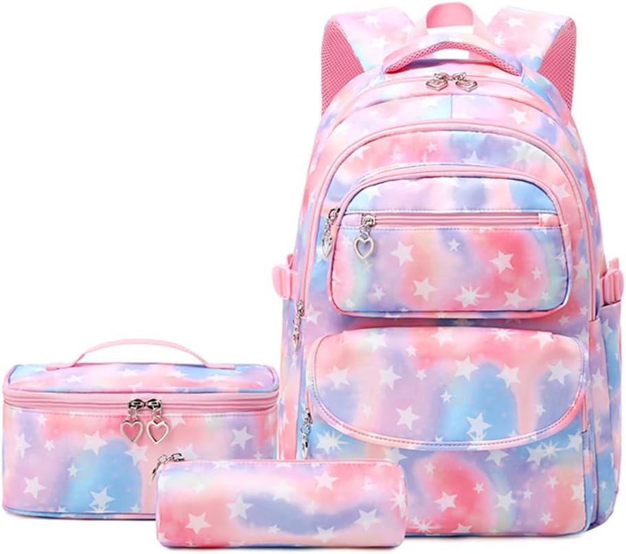 Coolwife School Backpack Set Lunch Bag Pencil Case 3 Pieces Teens Girls Cute Primary Junior Middle Students Daypacks, Tie-Dye Stars Pink, One Size, Casual Student - Strawberry Pink image number 2