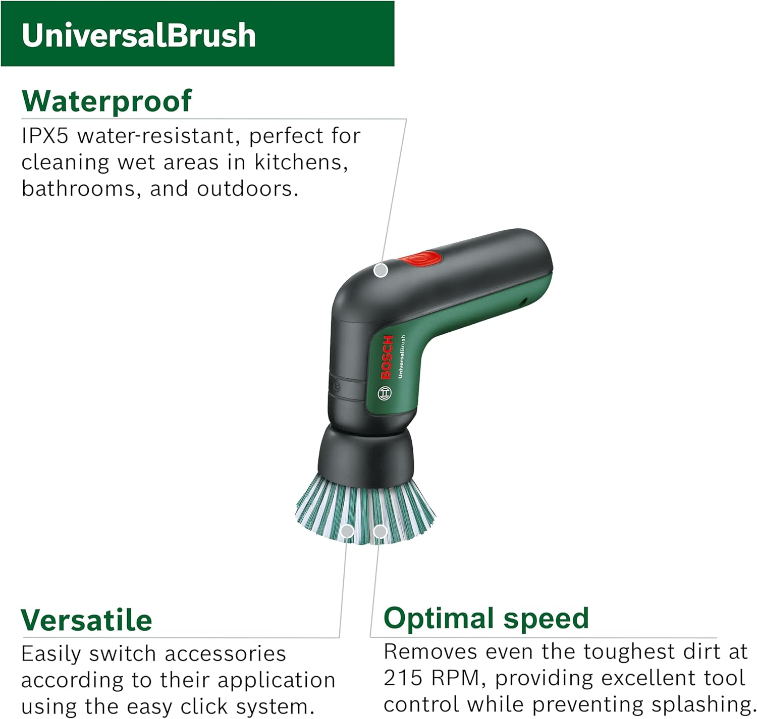 Bosch Home & Garden 3.6V Cordless Electric Power Cleaning Brush with 4 Cleaning Attachments & Micro USB Cable (Universalbrush). Made in Europe image number 5