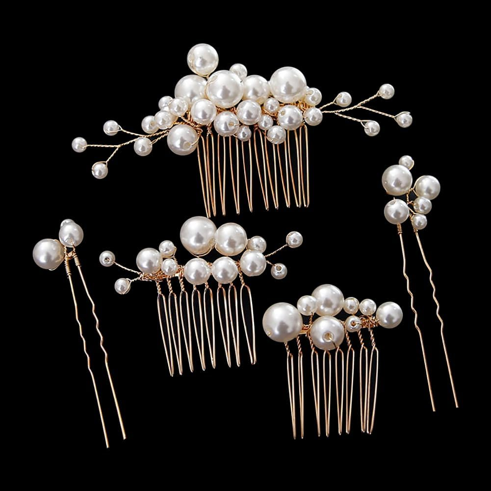 5 Pieces Small Pearl Hair Combs Pearl Metal Hairpins Bridal Wedding Hair Clips Bridal Hair Accessories Side Comb Hairpiece Pearl Hair Accessories Elegant Hair Accessories