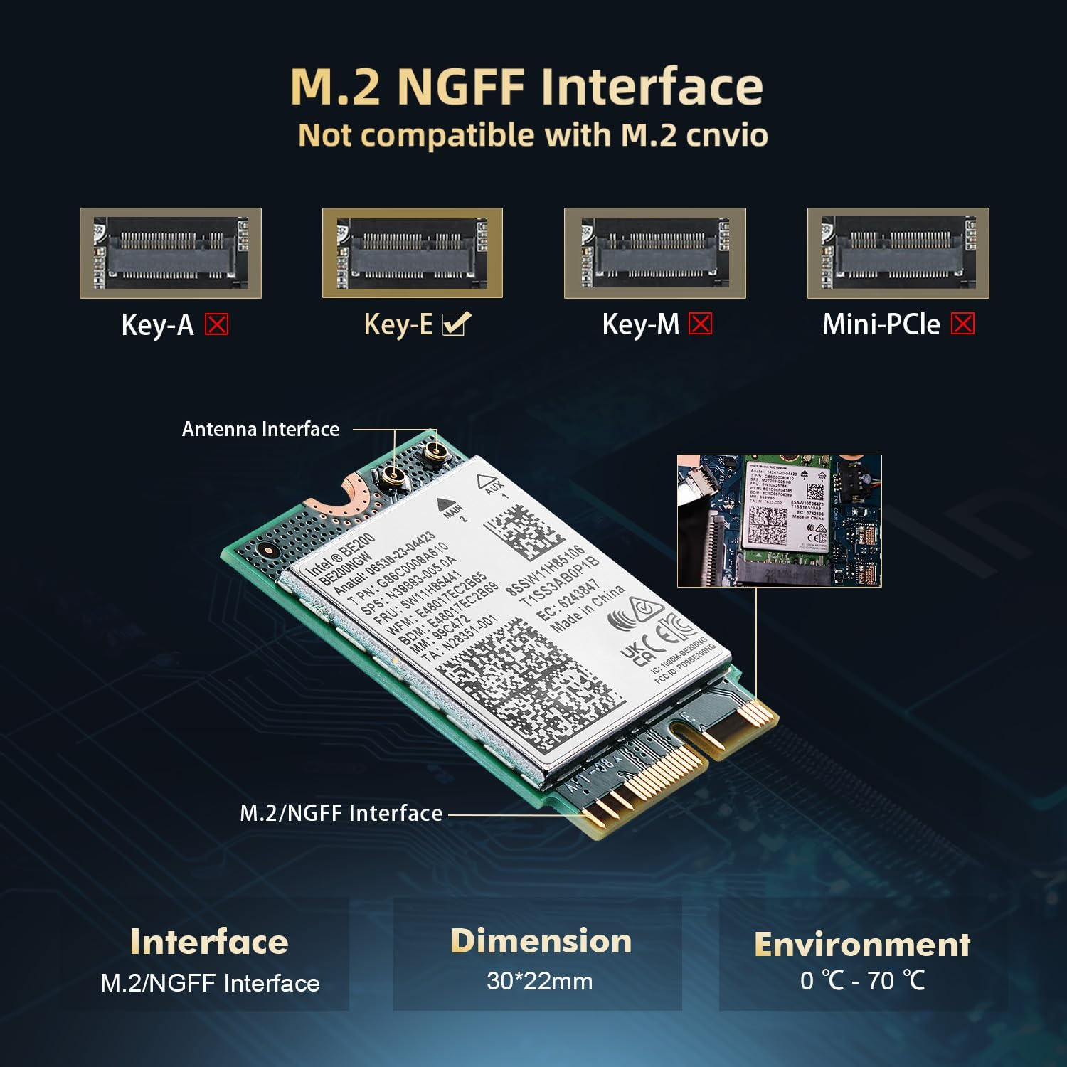 Wifi7 Card M.2 BE200 Wifi Network Adapter, Intel BE200NGW Chip Bluetooth 5.4, 8774Mbps Tri-Band 2.4Ghz/5Ghz/6Ghz OFDMA & MU-MIMO, for Laptop Windows 10/11 image number 1