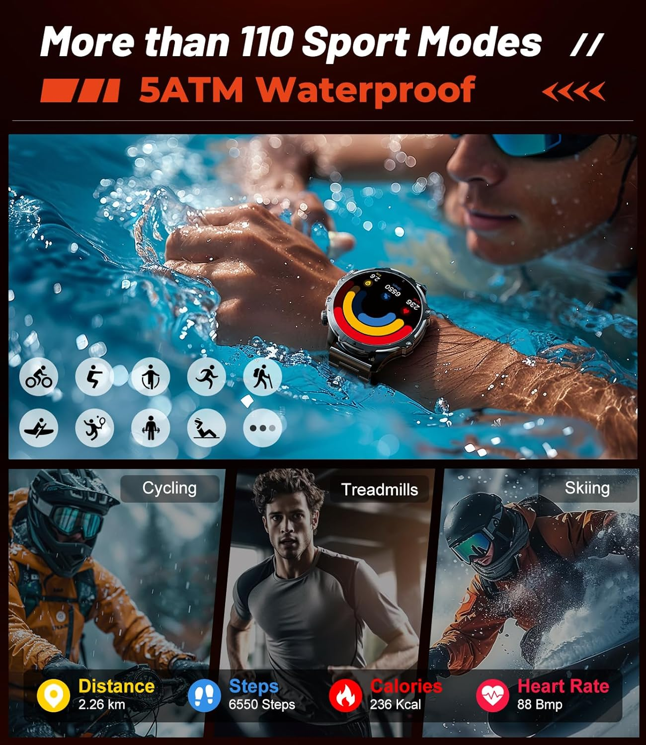 Military Smart Watch for Men (Answer/Make Calls),800Mah Large Battery,1.85" Big Screen Smartwatch with 100+Sport Modes Calories Pedometers Fitness Tracker Sports Watch,5Atm Waterproof for Ios Android image number 1