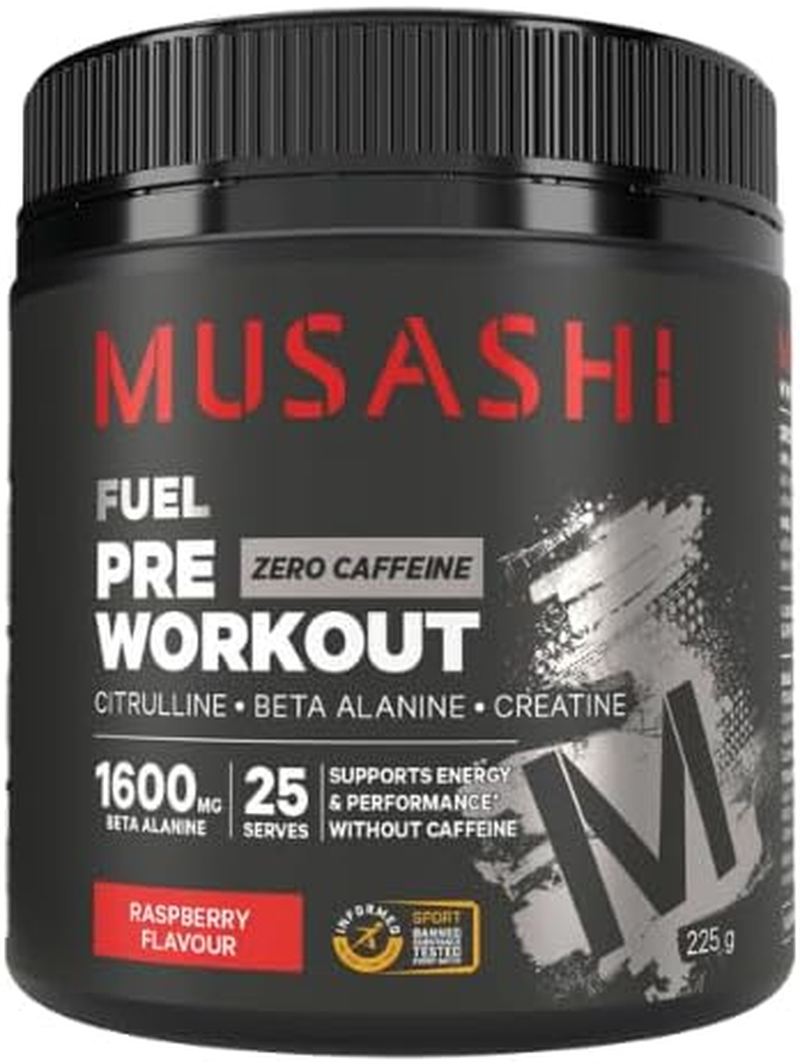 Musashi Pre Workout Zero Caffeine Supplement Powder 225 G, Red Raspberry