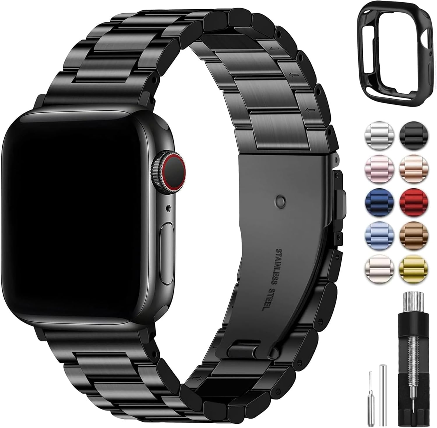 Fullmosa Compatible for Apple Watch Band 45Mm 44Mm 42Mm, Stainless Steel Iwatch Band with Case for Apple Watch Series 9 8 7 6 5 4 3 2 1 & Iwatch SE 3/2/1,45Mm 44Mm 42Mm Black