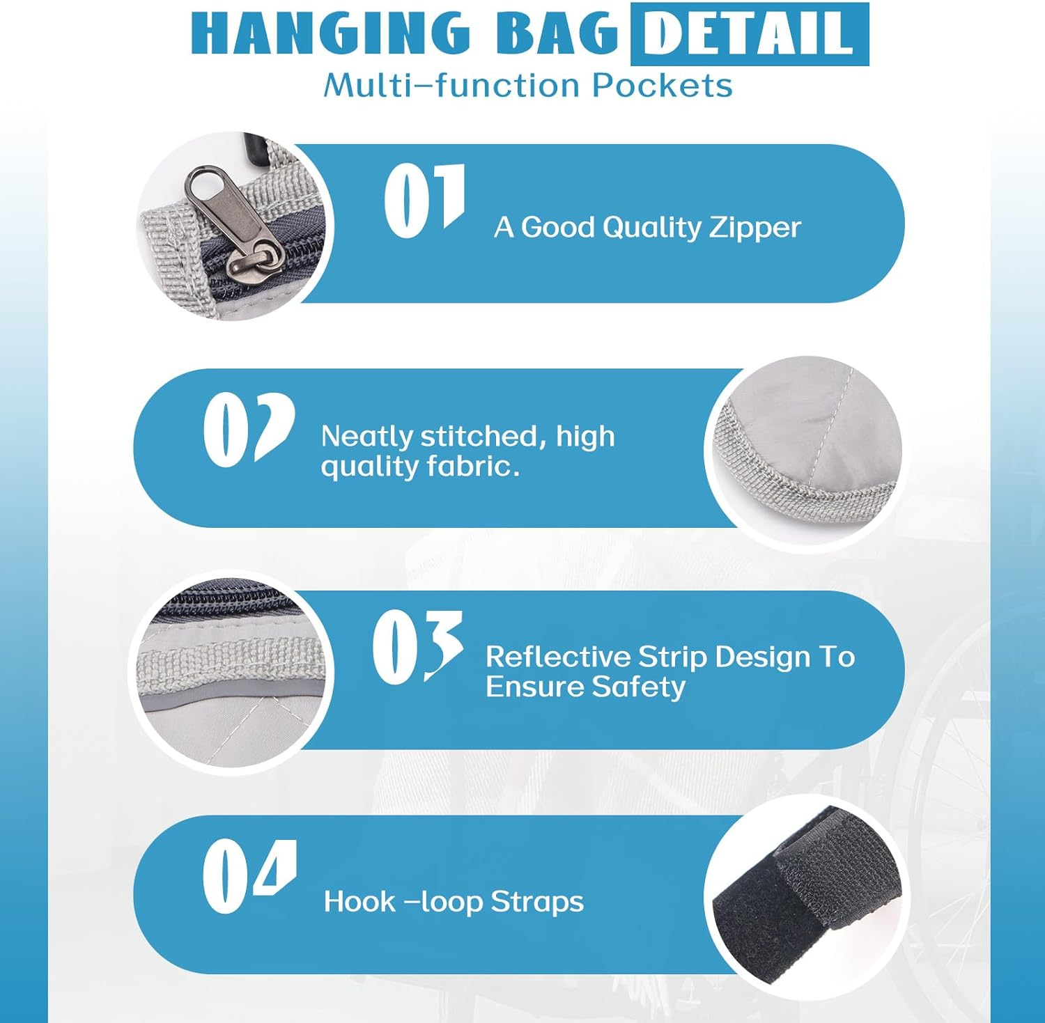 2 PCS Wheelchair Bag and Reflective Stripes, Black and Gray Wheelchair Side Bag, Wheelchair Accessories for Seniors, Wheelchair Armrest Side Bag for Manual Wheelchair, Electric Wheelchairs, Rollator and Walker (Gray) image number 4