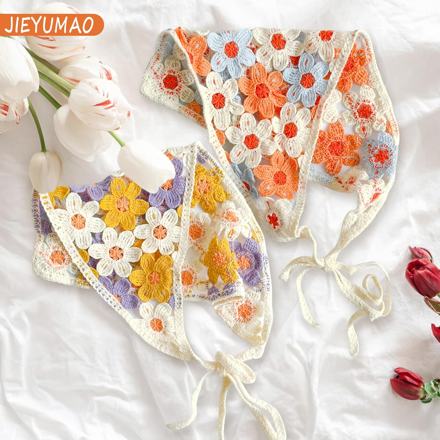 JIEYUMAO 4 Pcs Crochet Hair Bandana, 4 Styles Crochet Bandanas Headbands for Women, Fashion Knitted Headscarf Boho Head Kerchief Knitted Hair Scarf Floral Hairs Bandanas for Wedding Party image number 3