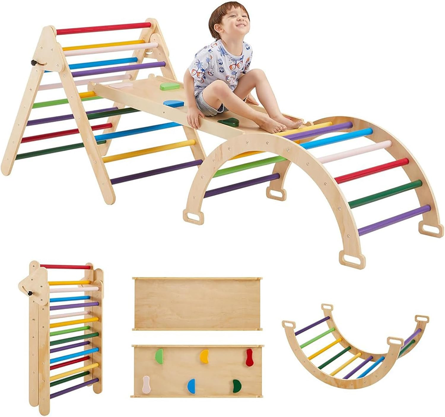 Jeonz Foldable Wooden Climbing Frame Toys for Toddler, Pikler Triangle Set