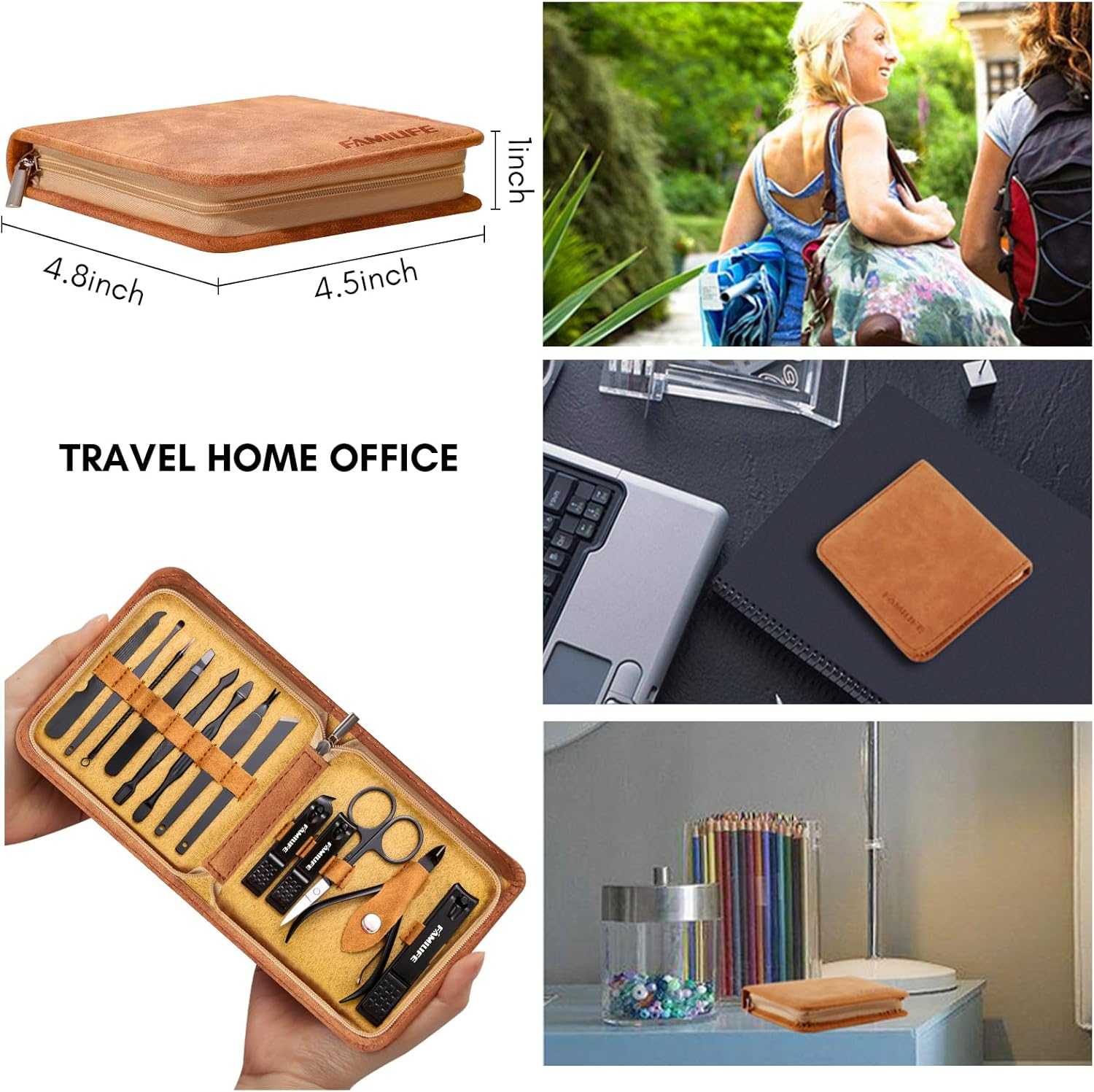 FAMILIFE Manicure Set, Professional Manicure Kit Nail Clipper Set Stainless Steel Pedicure Tools Kit with Leather Travel Case for Women Girl Men (Brown) image number 3