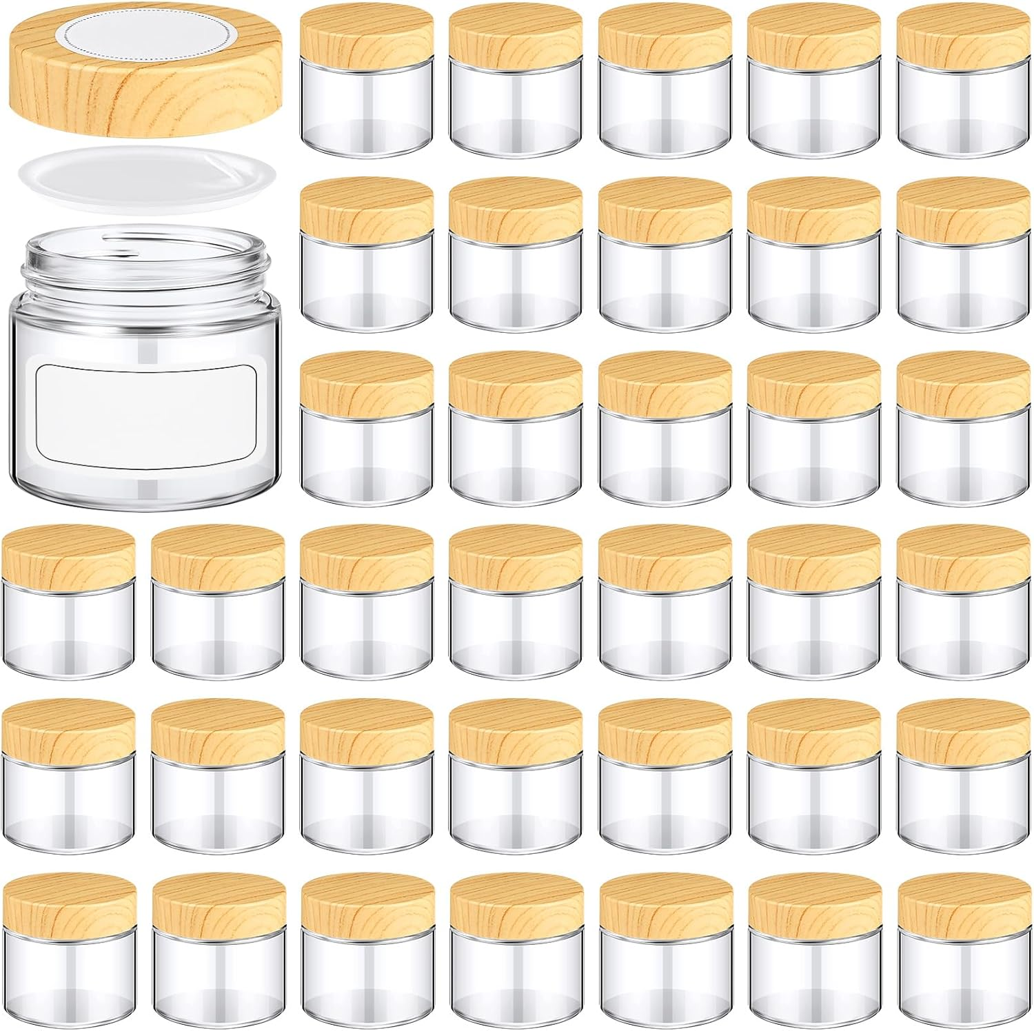 Layhit 64 Pcs 2Oz Glass Jars with Lids Clear Small Jars with Plastic Woodgrain Lids, White Labels and Inner Liners Empty round Cosmetic Containers for Creams Lotions Candle Making(2Oz/ 60Ml) image number 5