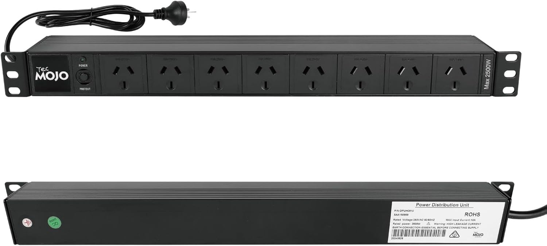 Tecmojo 1U Rack Mount PDU Power Strip, Power Distribution Unit for 19 Inch Server Cabinet, 6 Outlets with 2M Power Cord, Double-Break Switch, 10A 250V 50/60HZ, Black image number 6