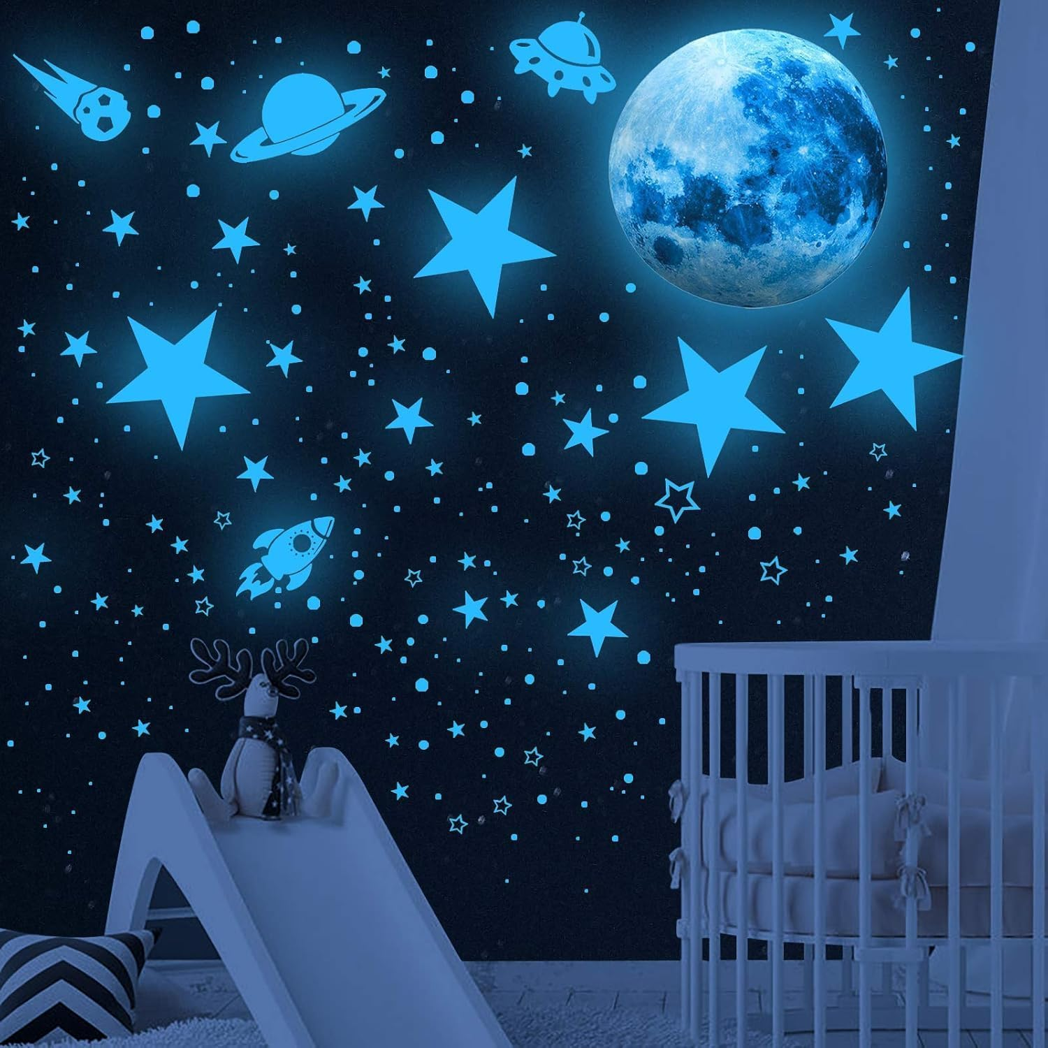 1120Pcs Glow in the Dark Stars Wall Stickers, Glow in the Dark Stars Ceiling, Moon and Star Wall Decals Planets Solar System Wall Stickers for Kids Boys for Nursery Bedroom Living Room (Blue) image number 2