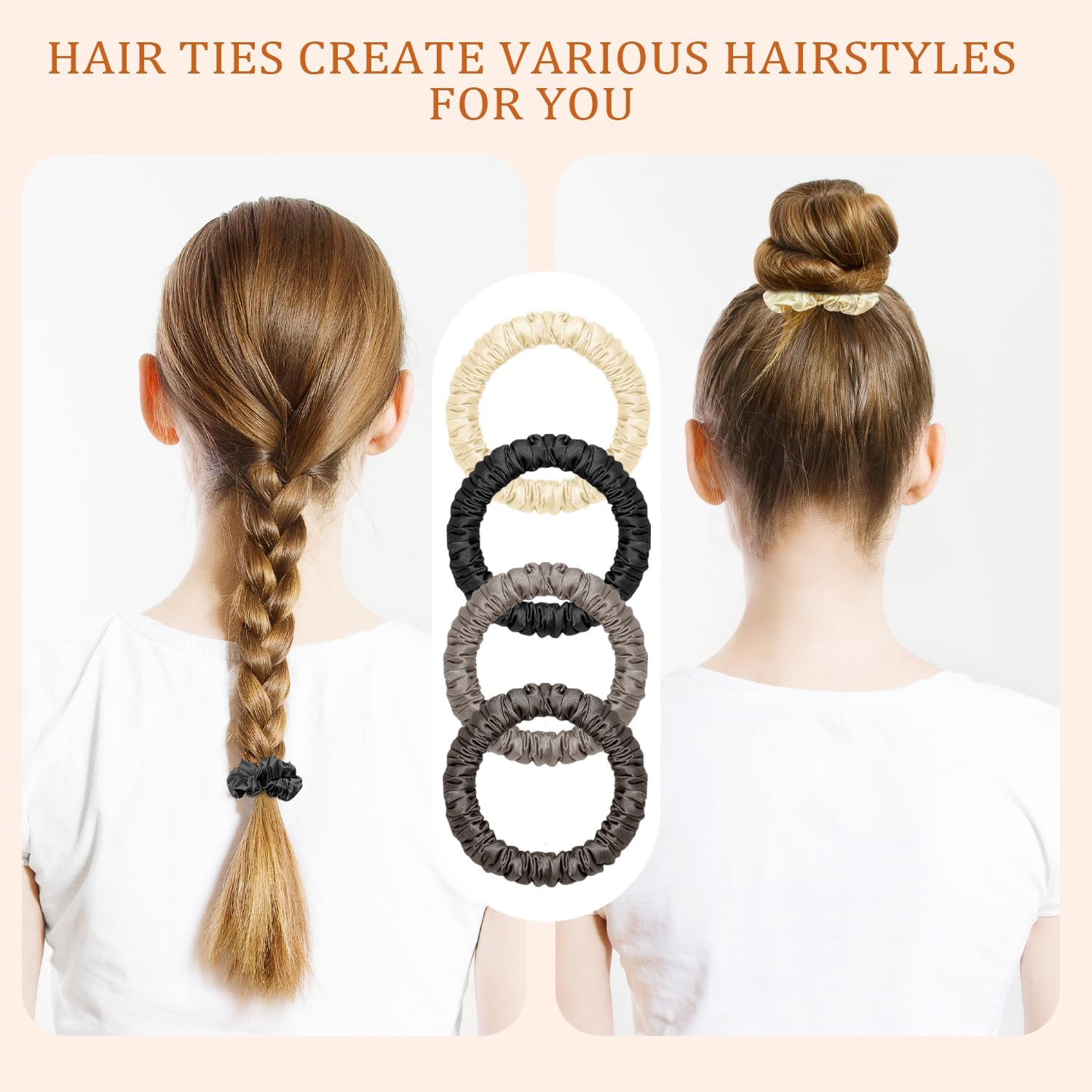 ARWIG 4 Pcs Silk Scrunchies | Silk Hair Ties | Satin Scrunchies | Elastic Hair Bands | Hair Bobbles | Hair Scrunchies for Women | Hair Ties No Damage (Black Khaki Coffee Beige image number 6