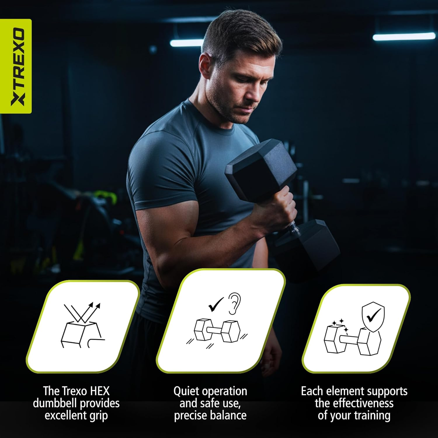 TREXO Hexagon Dumbbell Durable Rubberised Cast Iron for Strength Training at Home with Ergonomic Handle Stable and Versatile Hex Dumbbell image number 2
