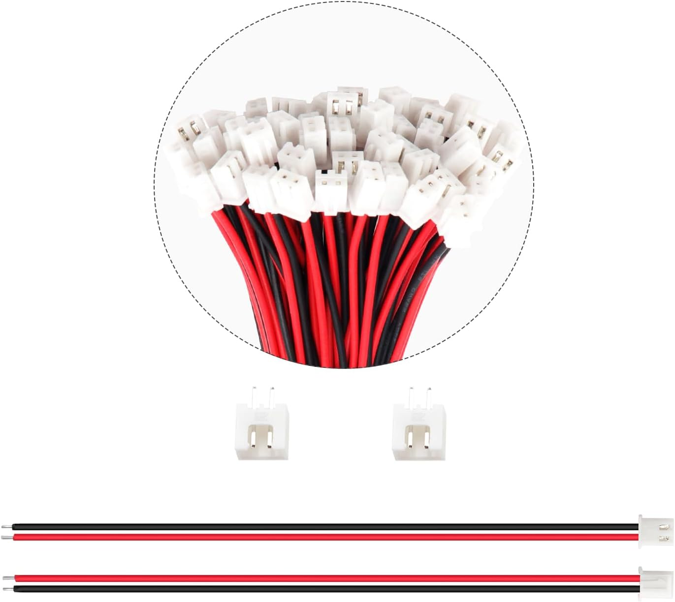 Lyeteung 50 Sets JST 2.54 XH 2 Pin Connectors, Mini Micro JST 2.54 Mm 2-Pin Male with 150 Mm 22AWG Cable & Female (Black Red) image number 2