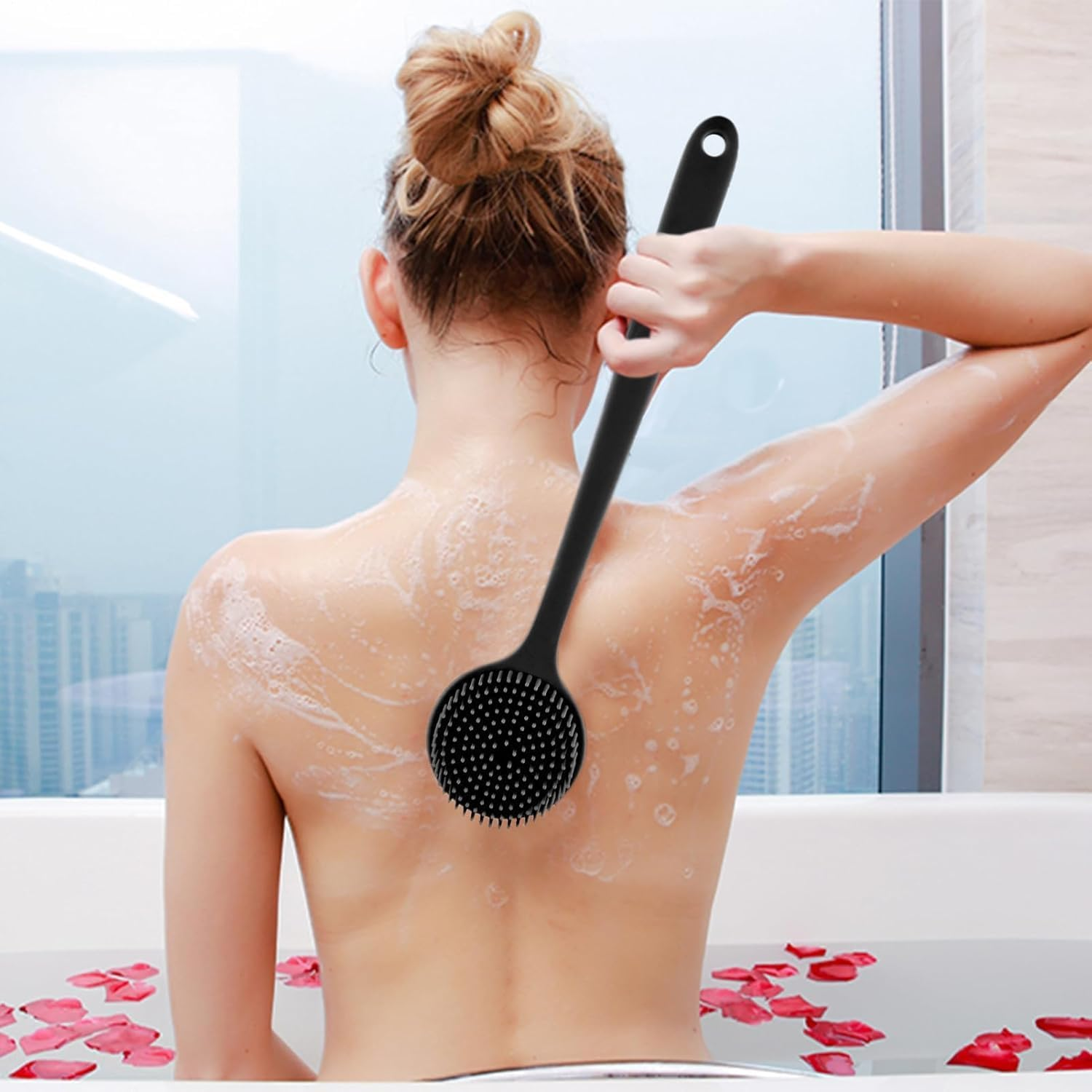 Long Handle Shower Brush, Silicone Back Scrubber with Non-Slip Grip, 2-Sided Exfoliation and Massage for Hard to Reach Areas