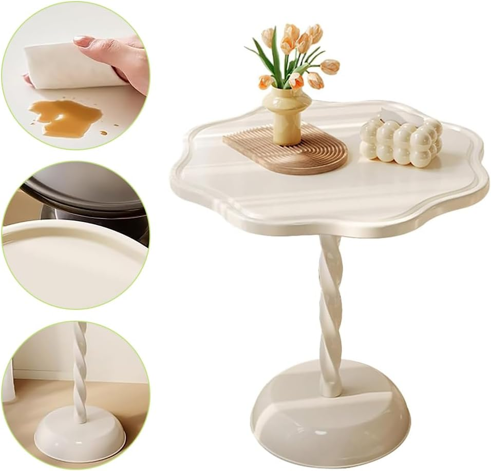 Upgraded Spiral Column Small round Table, Creative Small Tea Stage, Warm White Flower Side Desk, Durable and Stylish Bedside Station, for Living Room/Bedroom