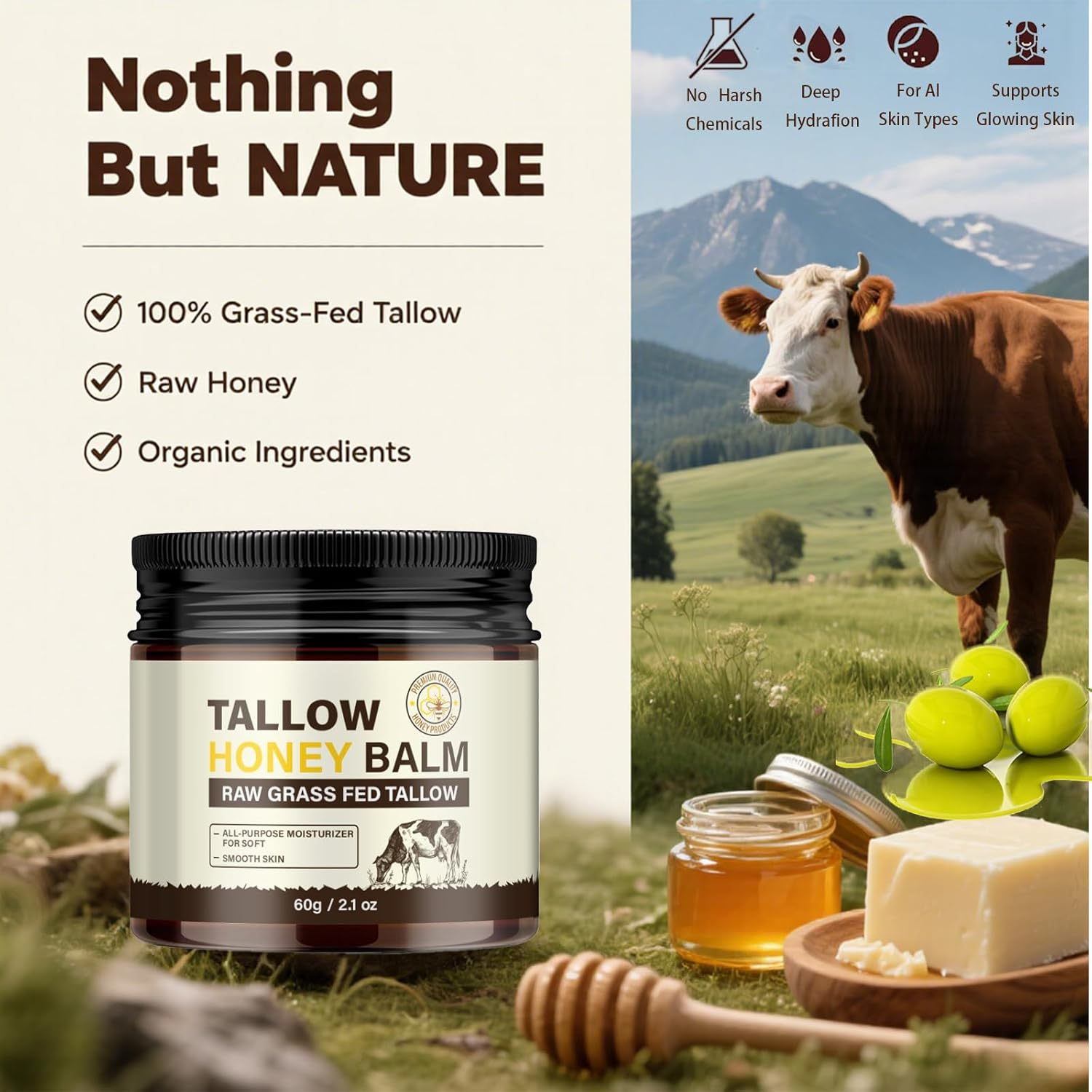 Skin Food Beef Tallow Moisturiser Natural Moisturiser for Face & Body with Grass-Fed Tallow, Raw Honey & Olive Oil - Gentle Care for Dry & Sensitiv 60G image number 3