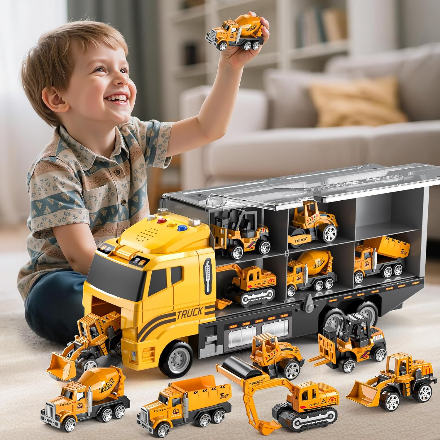 Construction Vehicle Trucks Cars Toy for 3 4 5 6 Years Old Boys Kids - Carrier Play Set with Play Mat, Die-Cast Car Toys with Excavator, Forklift, Birthday Gifts Toys for 3-9 Year Old Boys image number 3