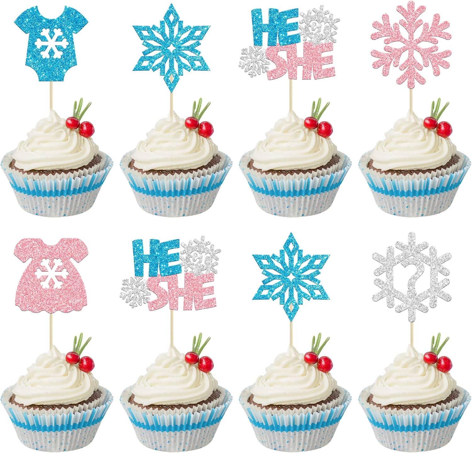 50Pcs Blue Edible Snowflake Cupcake Toppers Snowflakes Cake Topper Decorations for Christmas Winter Holiday Frozen Theme Babyshower Birthday Wedding Party Supplies - Blue image number 3