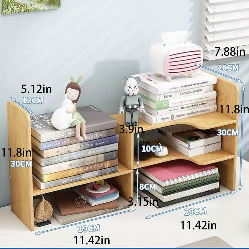 Hbluefat Corner Desktop Bookshelf Organizer, Adjustable Wood Tabletop Small Bookcase, Counter Top Display Storage Shelf/Rack for Home Office (Wood)