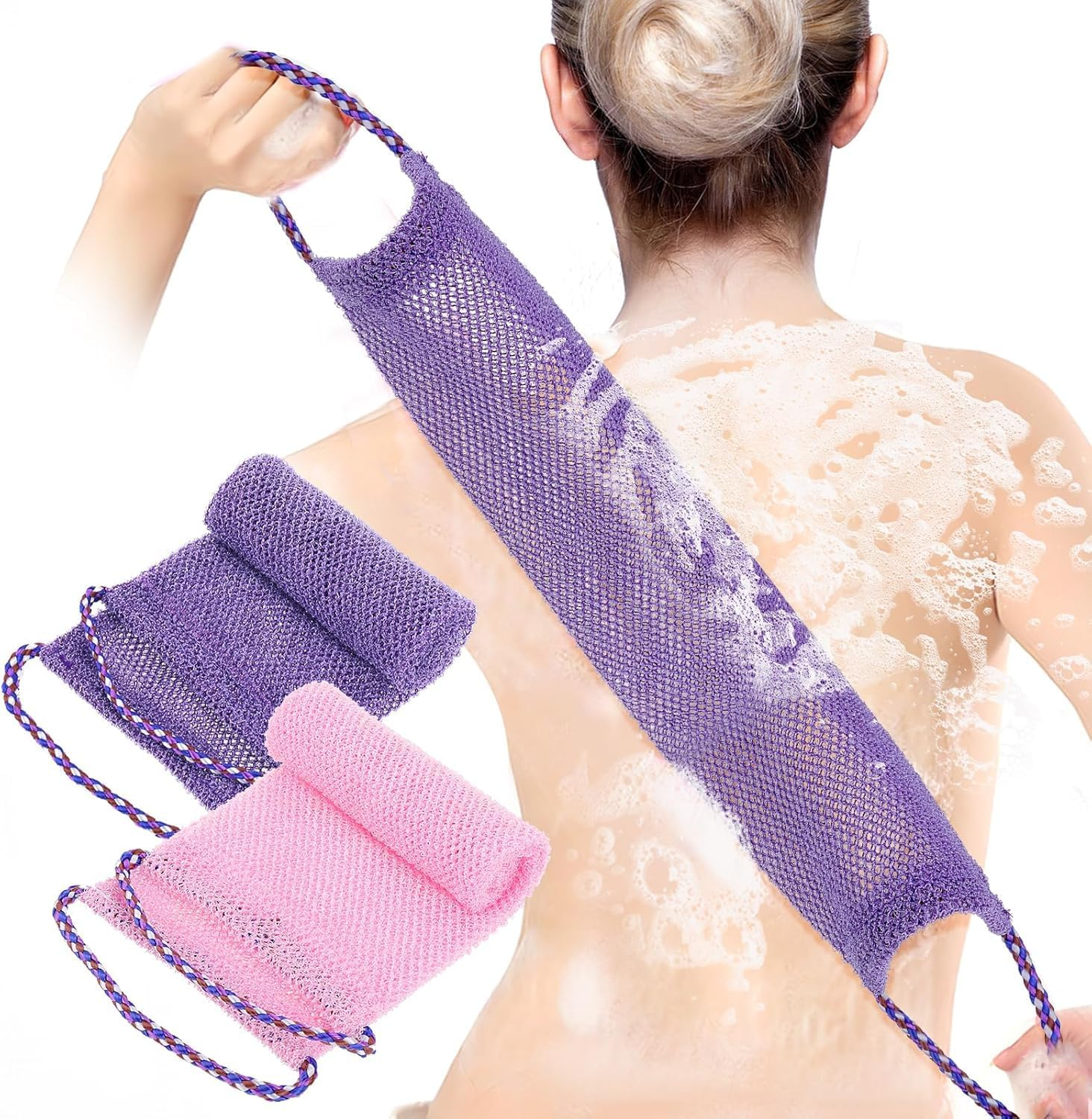 Generic Nylon African Exfoliating Net, 2-Piece Set (Purple + Pink), Traditional Style, Loofah Sponge for Body Washing