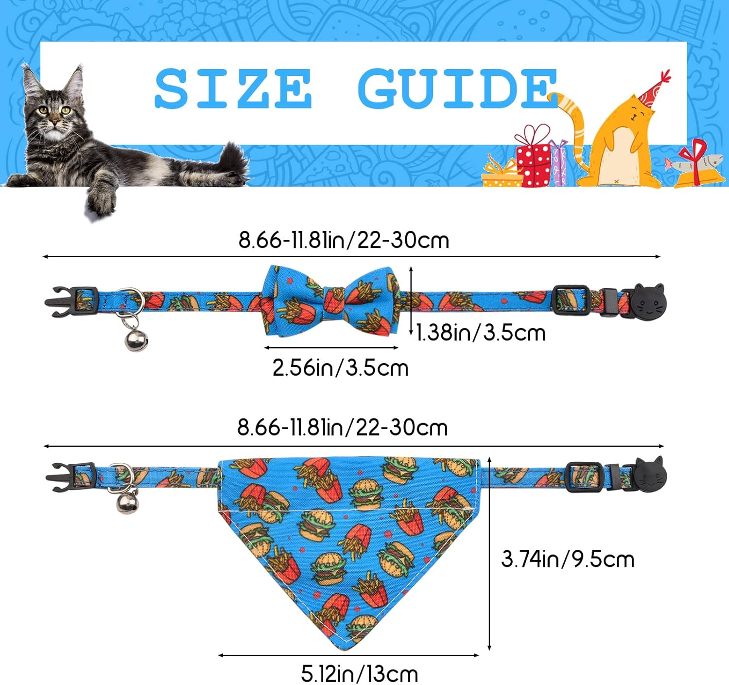 HACRAHO Bow Tie Cat Collar Bandana, Pack of 2 Adjustable Breakaway Cat Collar with Bow Tie and Bell, Removable Bow Tie Bandana for Kittens and Puppies, Hamburger Fries - Pizza image number 7