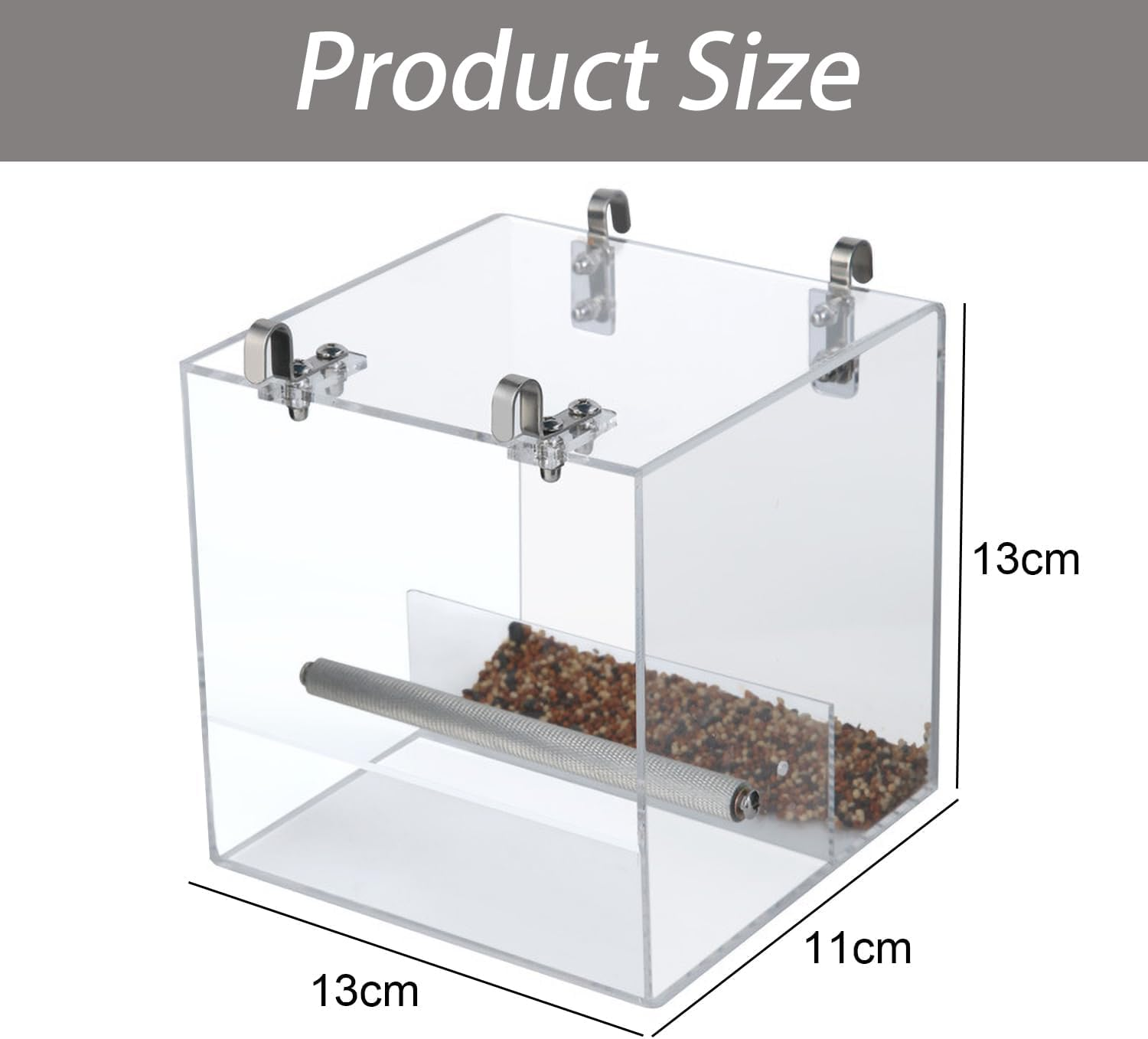 Acrylic Bird Feeder for Small Parrots - Anti-Spill Cage Mounted Bowl with Clear View, Dual Hooks - Fits Parakeets, Lovebirds, Quakers (13&times;13&times;11Cm) image number 1