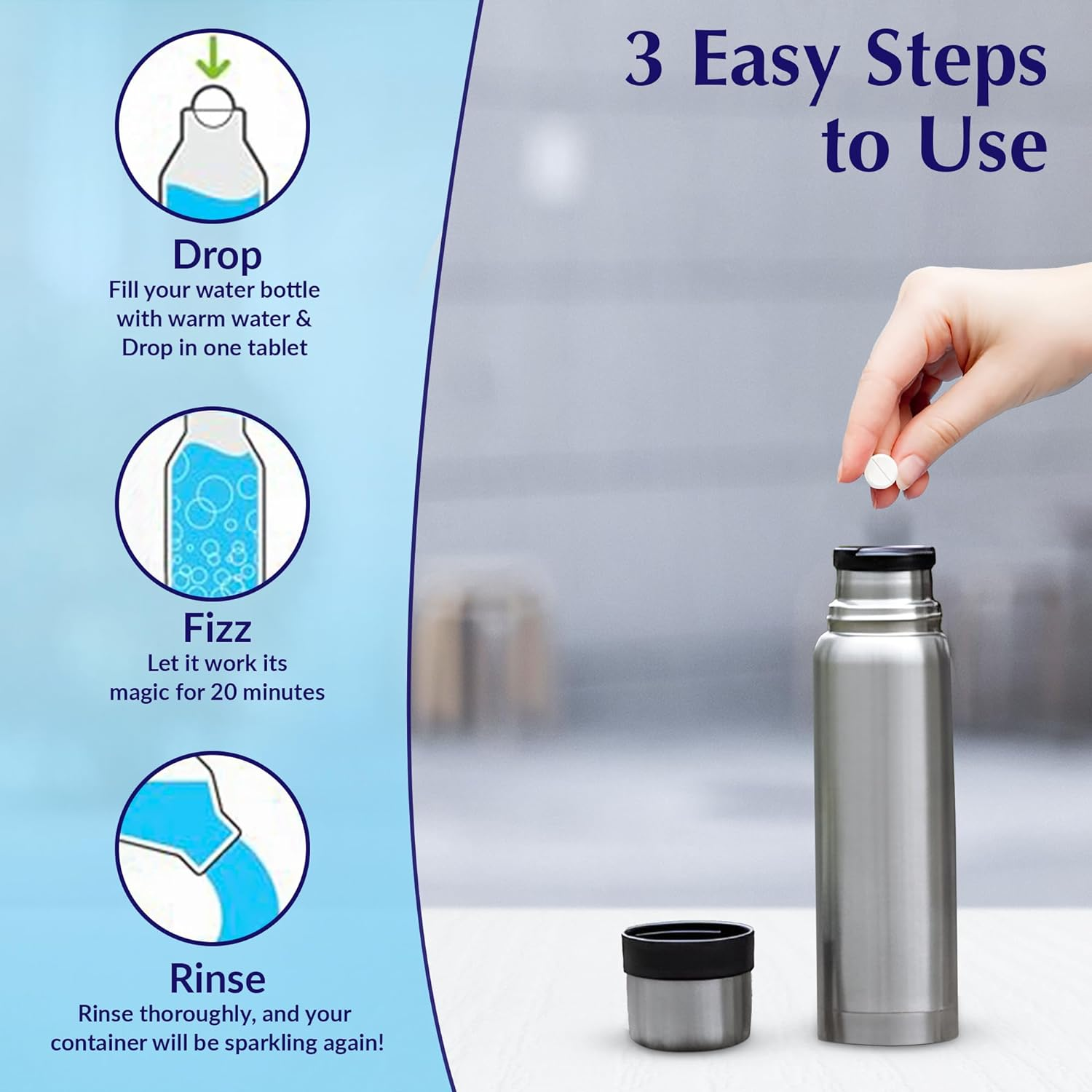 Bottle Cleaning Tablets | Pack of 12 (Large) - Effortless Stain & Odor Removal | Non-Toxic, Biodegradable, and Chemical-Free | Miles Kay - Pack Of 12 image number 2