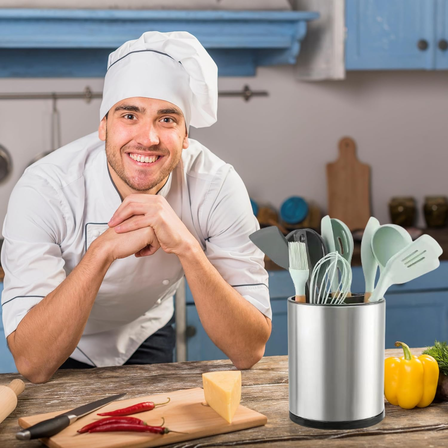 LIBODOUR Kitchen Utensil Holder Extra Large 360&deg; Rotating for Counter Organizer Stainless Steel Storage Cooking Silverware Caddy Flatware 3 Compartment Flatware Spoon Spatula Lazy Susan （Silvery） image number 4