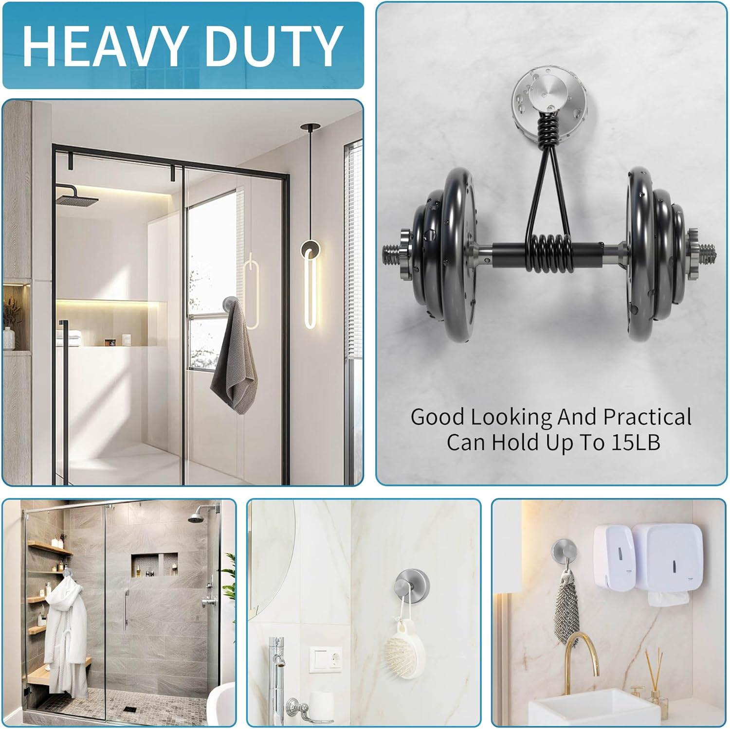 Suction Cup Hooks for Shower,2 Packs Wall Mount Towel Holder,Removable Shower Towel Suction Hooks for Bathroom Wall,Kitchen,Glass,Mirror,Tile to Hang Robes,Loofah-Silver image number 5