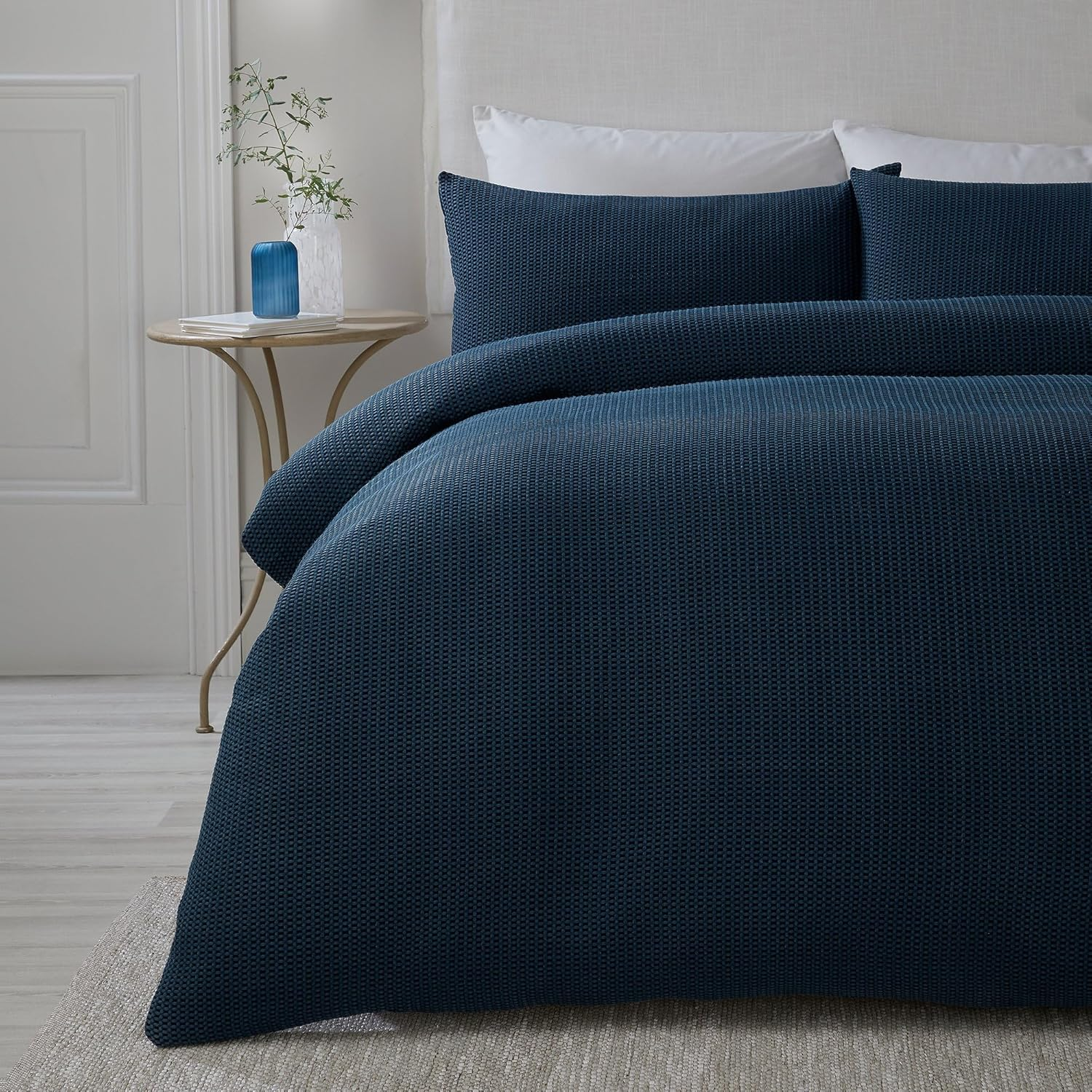 Serene - Blue Waffle Duvet Cover - King Size (230 X 220 Cm) - Soft Luxury Bedding - Lattice Textured Square Pucker Cover - Lindly Collection