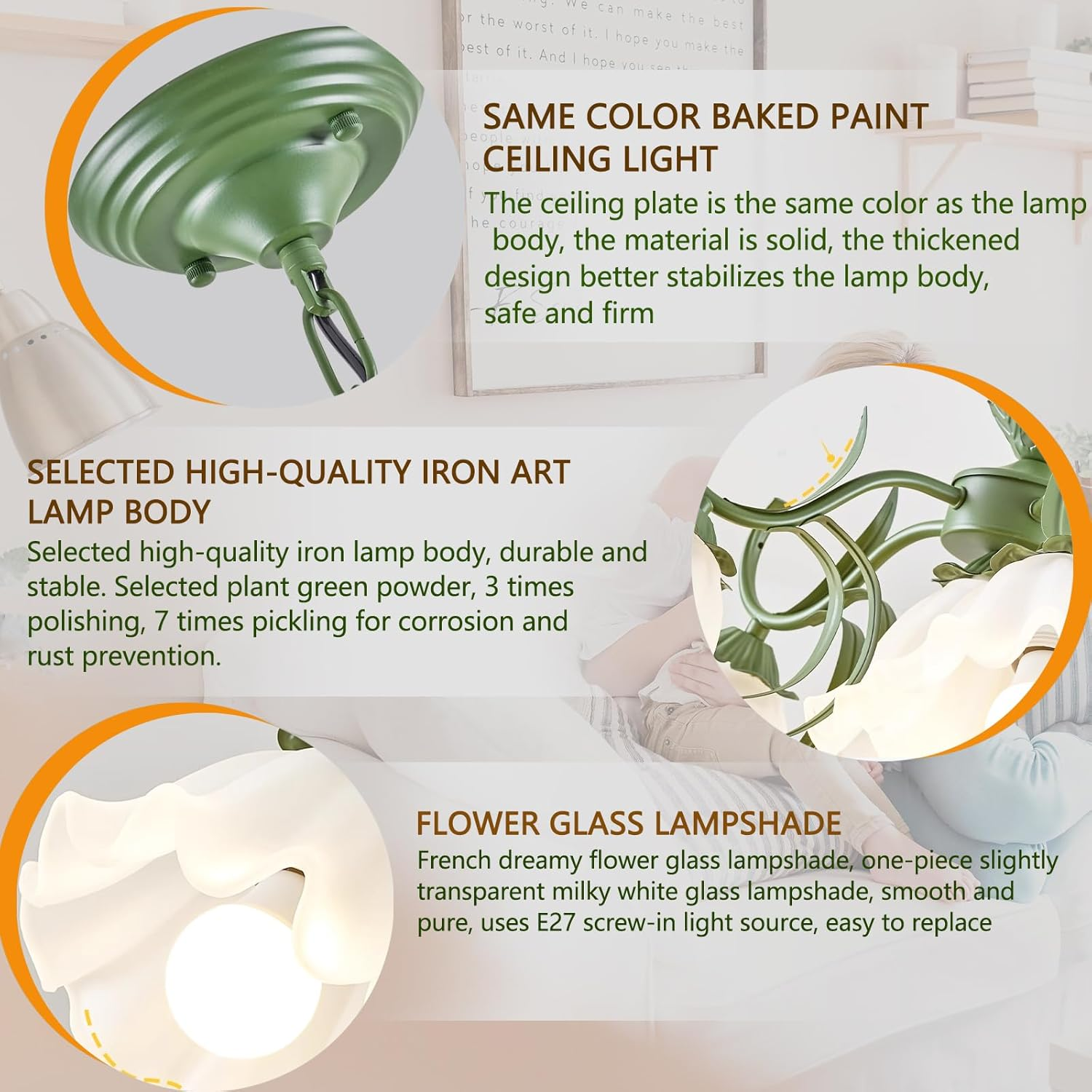 French Country Ceiling Light, Vintage Flower Chandelier with Acrylic Shade, Black and Gold Pendant Lights for Living Room, Bedroom, Kitchen, Hallway (Green,6Heads) image number 3