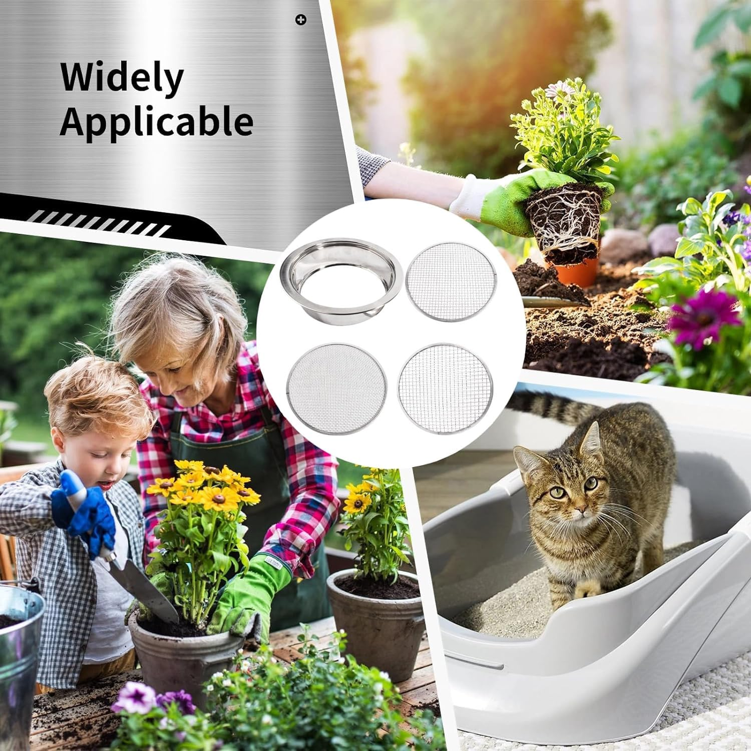 Garden Sieve Soil Sifter Removable Garden Sieve 9.4" Dia Stainless Steel Soil Sieve with 3 Sieve Mesh Filter 0.043"/0.133"/0.204" Sand Sifter for Sifting Soil Stones Compost Soil Sifter image number 1