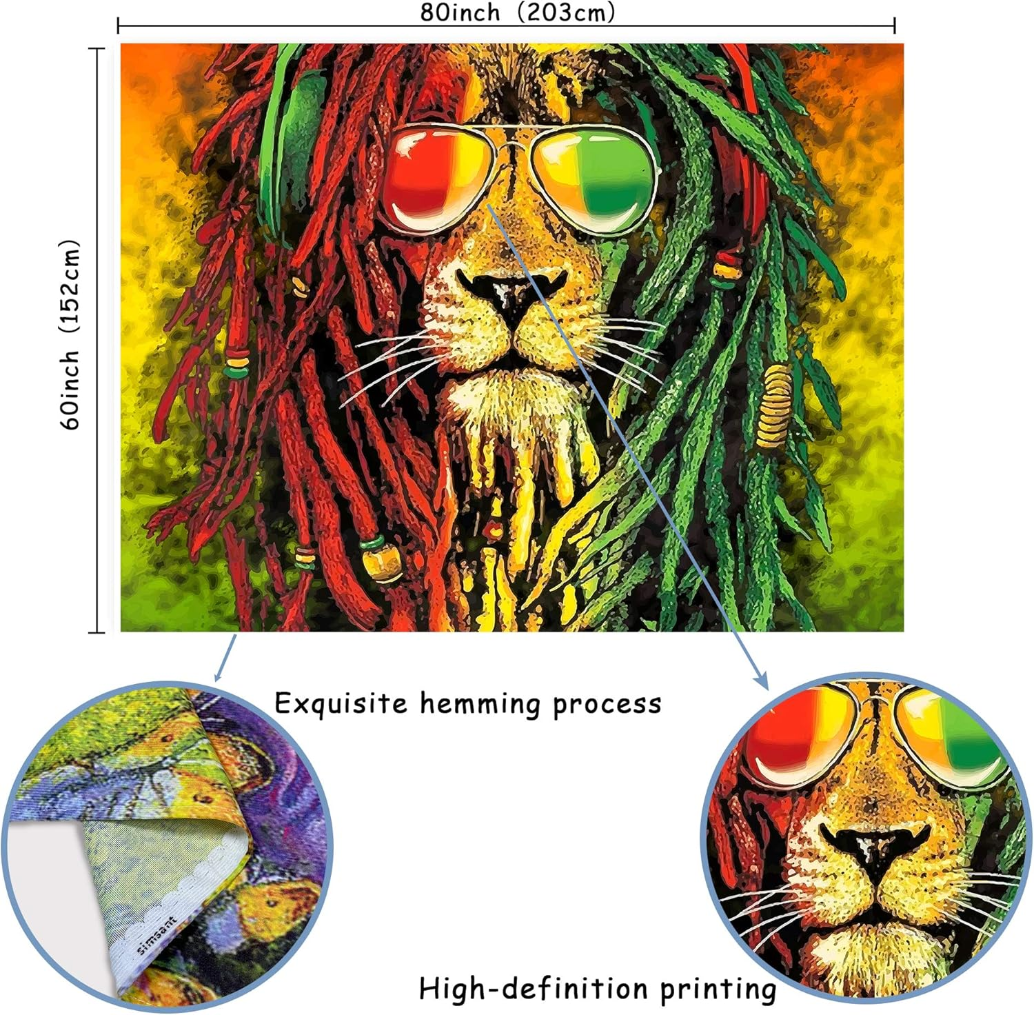 Simsant Rasta Rastafarian Tapestry Lion Head Bob Tapestry Wall Hanging Backdrop for Living Room Bedroom Dorm Psychedelic Decor Tapestry (80"X60") image number 2