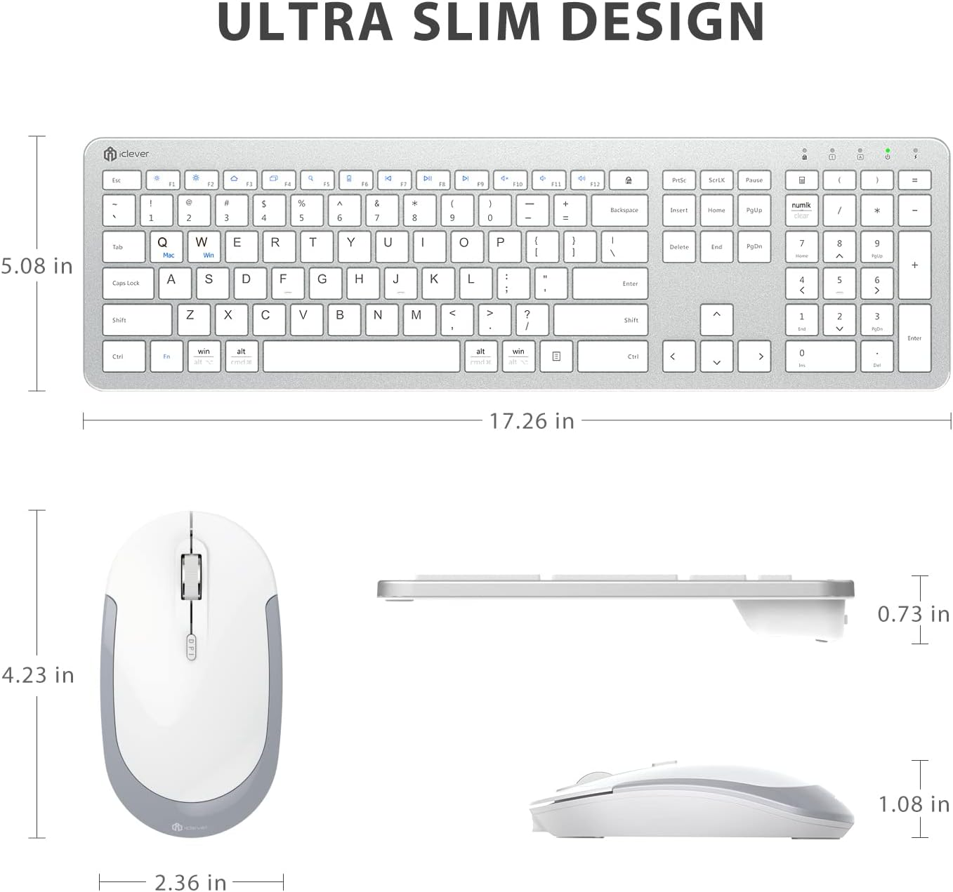 Iclever GK08 Wireless Keyboard and Mouse - Rechargeable Keyboard Ergonomic Quiet Full Size Design with Number Pad, 2.4G Stable Connection Slim White Keyboard and Mouse for Windows Mac OS Computer - Silver image number 3